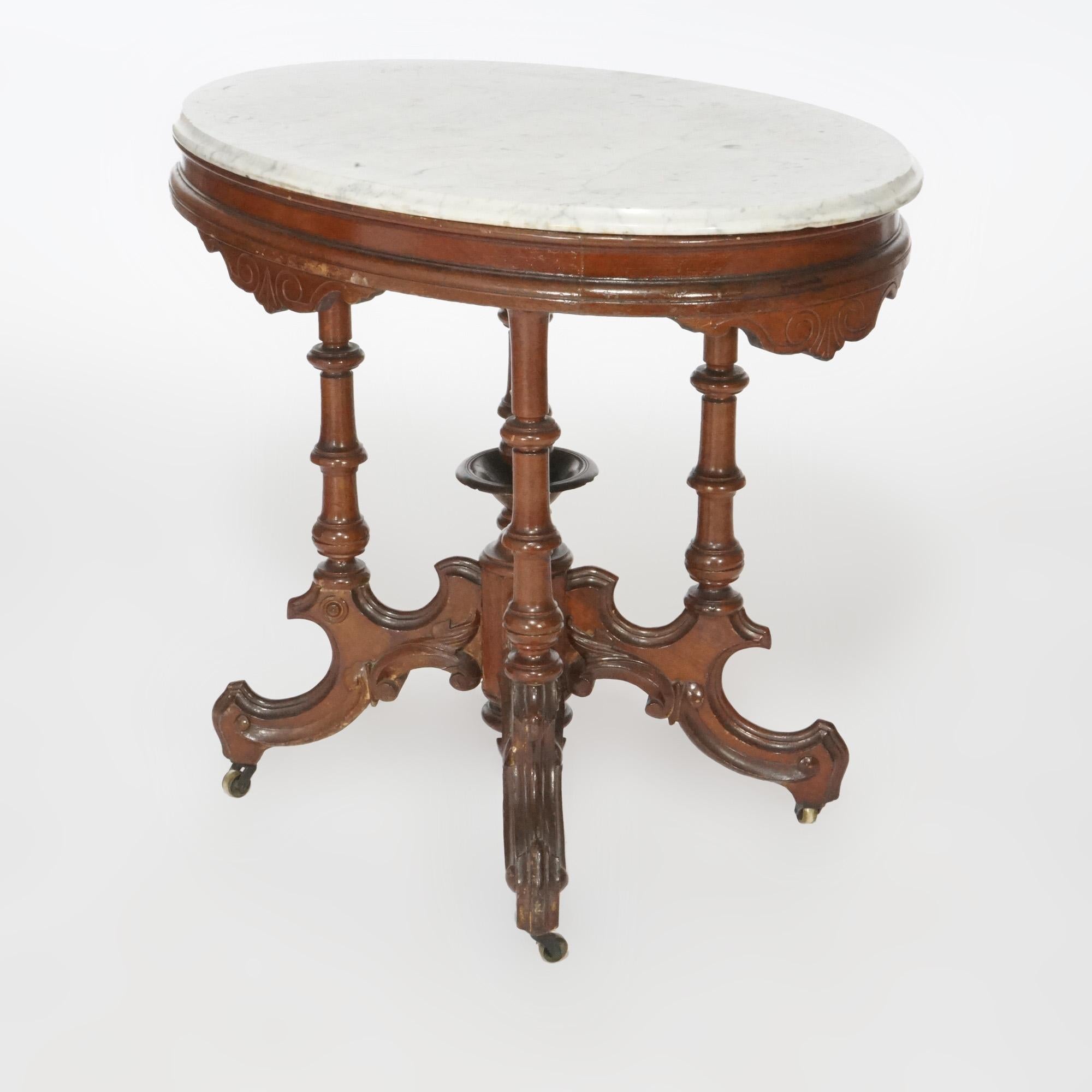 Antique Renaissance Revival Walnut Oval Marble Top Parlor Table, circa 1890 For Sale 6