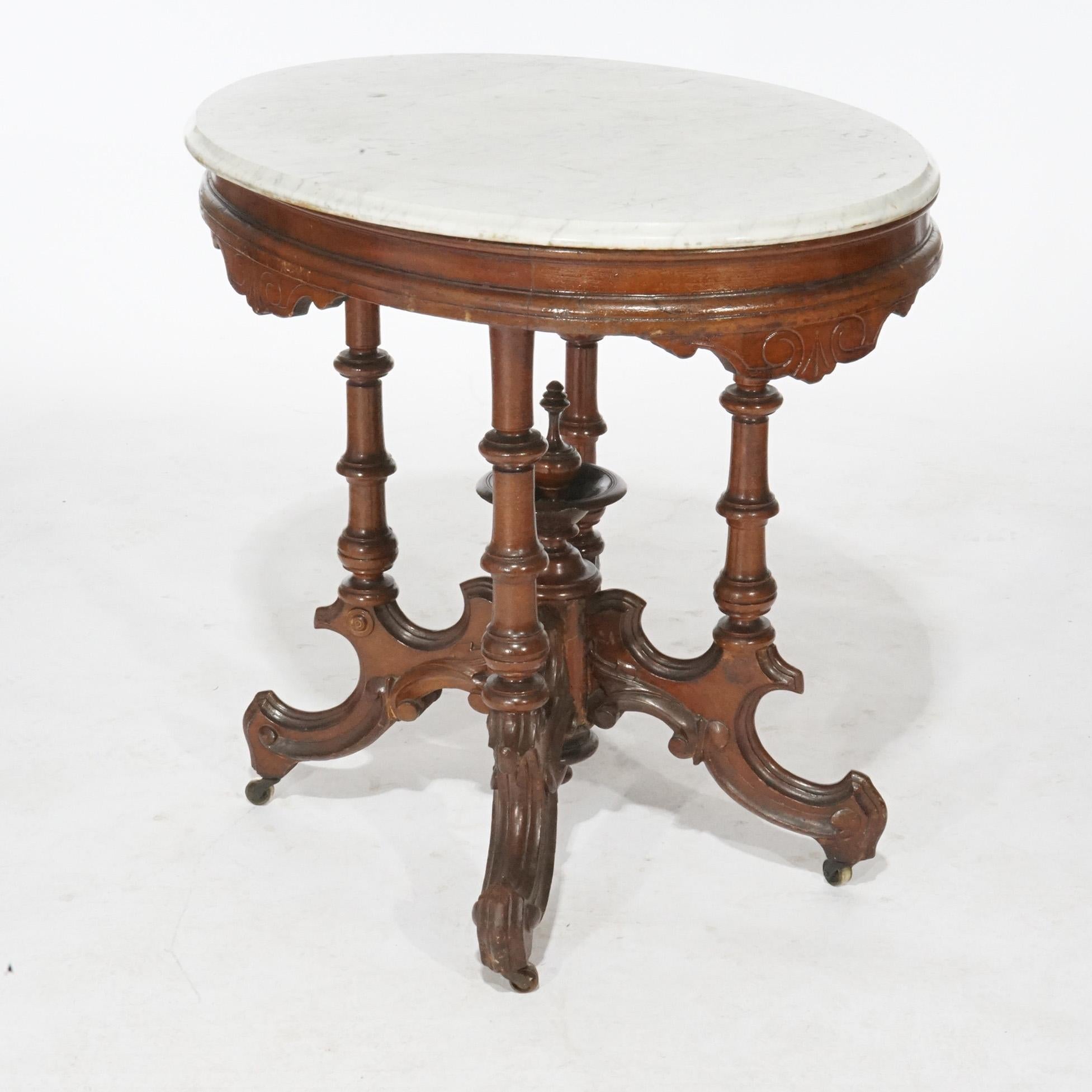 Antique Renaissance Revival Walnut Oval Marble Top Parlor Table, circa 1890 In Good Condition For Sale In Big Flats, NY