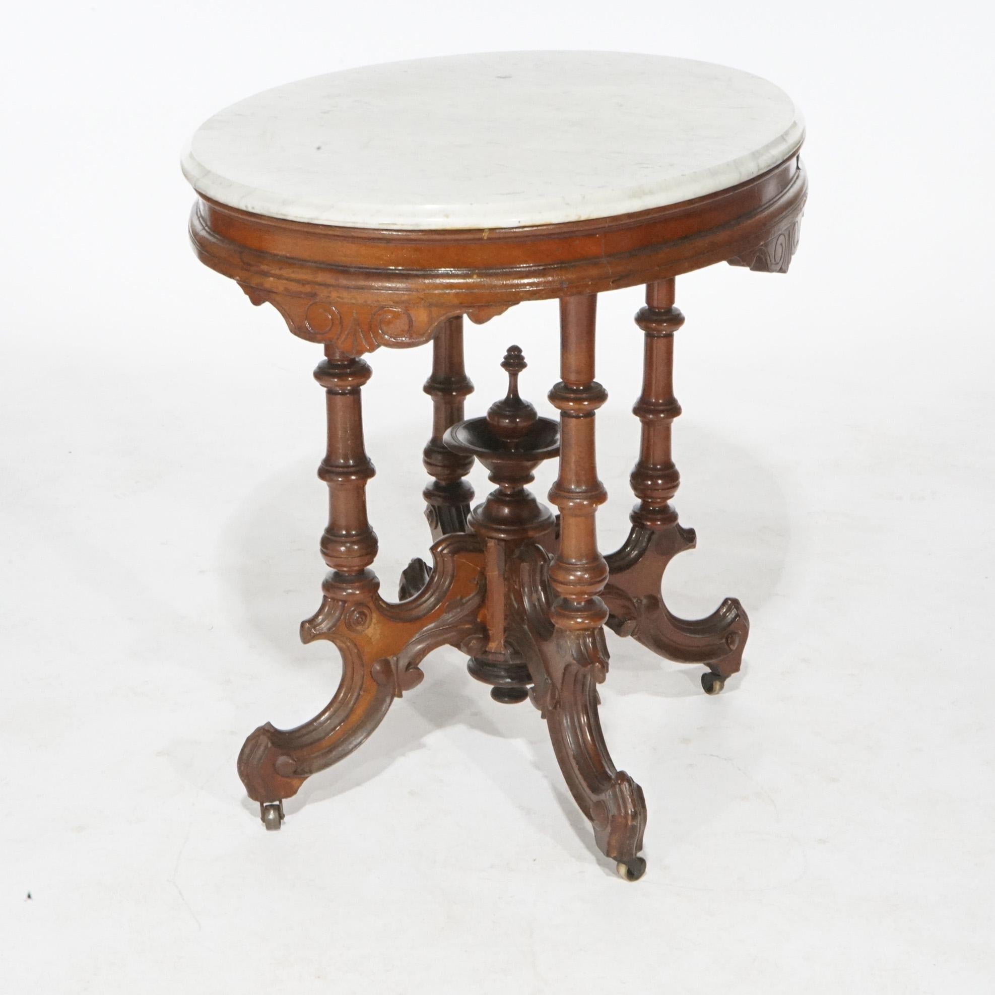 19th Century Antique Renaissance Revival Walnut Oval Marble Top Parlor Table, circa 1890 For Sale