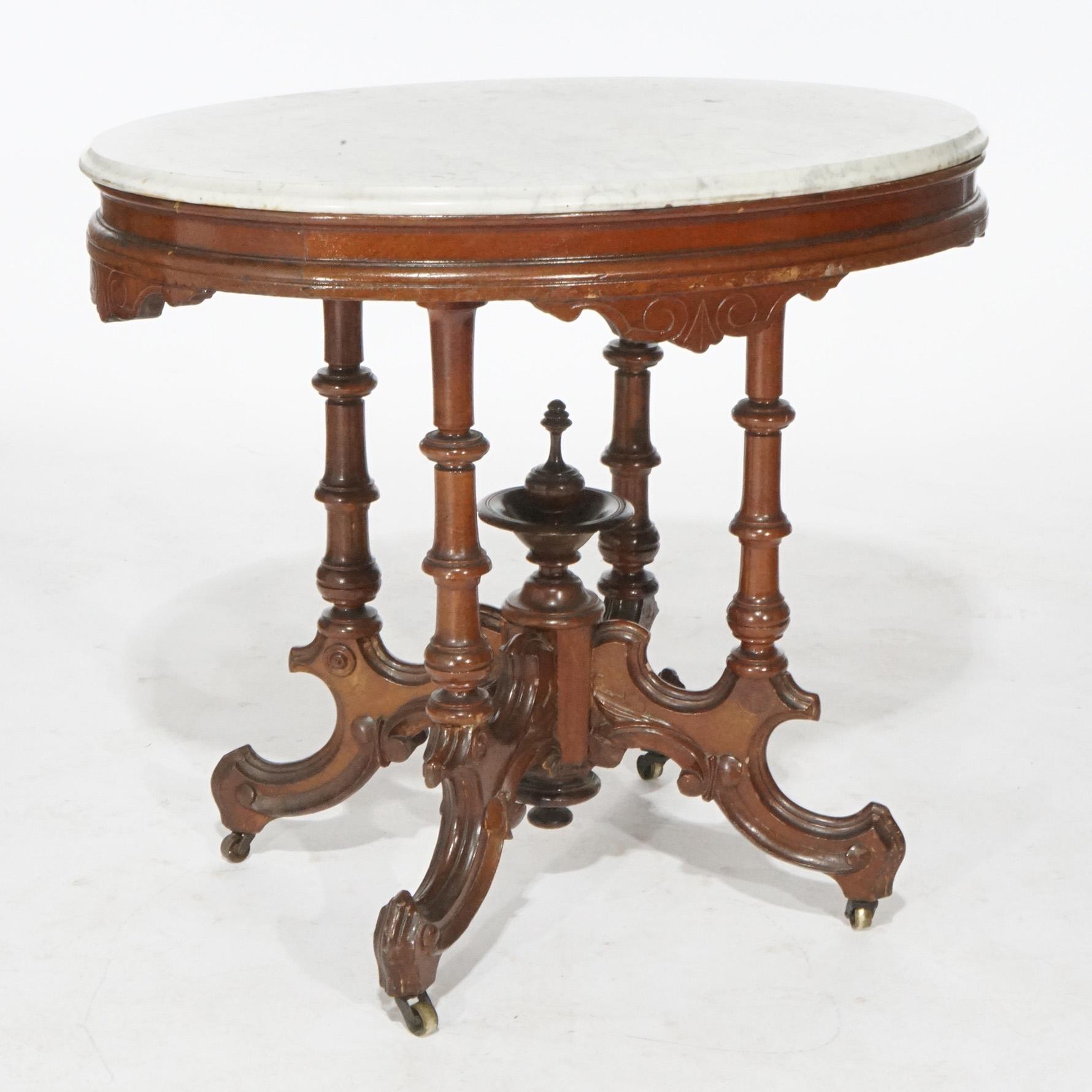 Antique Renaissance Revival Walnut Oval Marble Top Parlor Table, circa 1890 For Sale 1