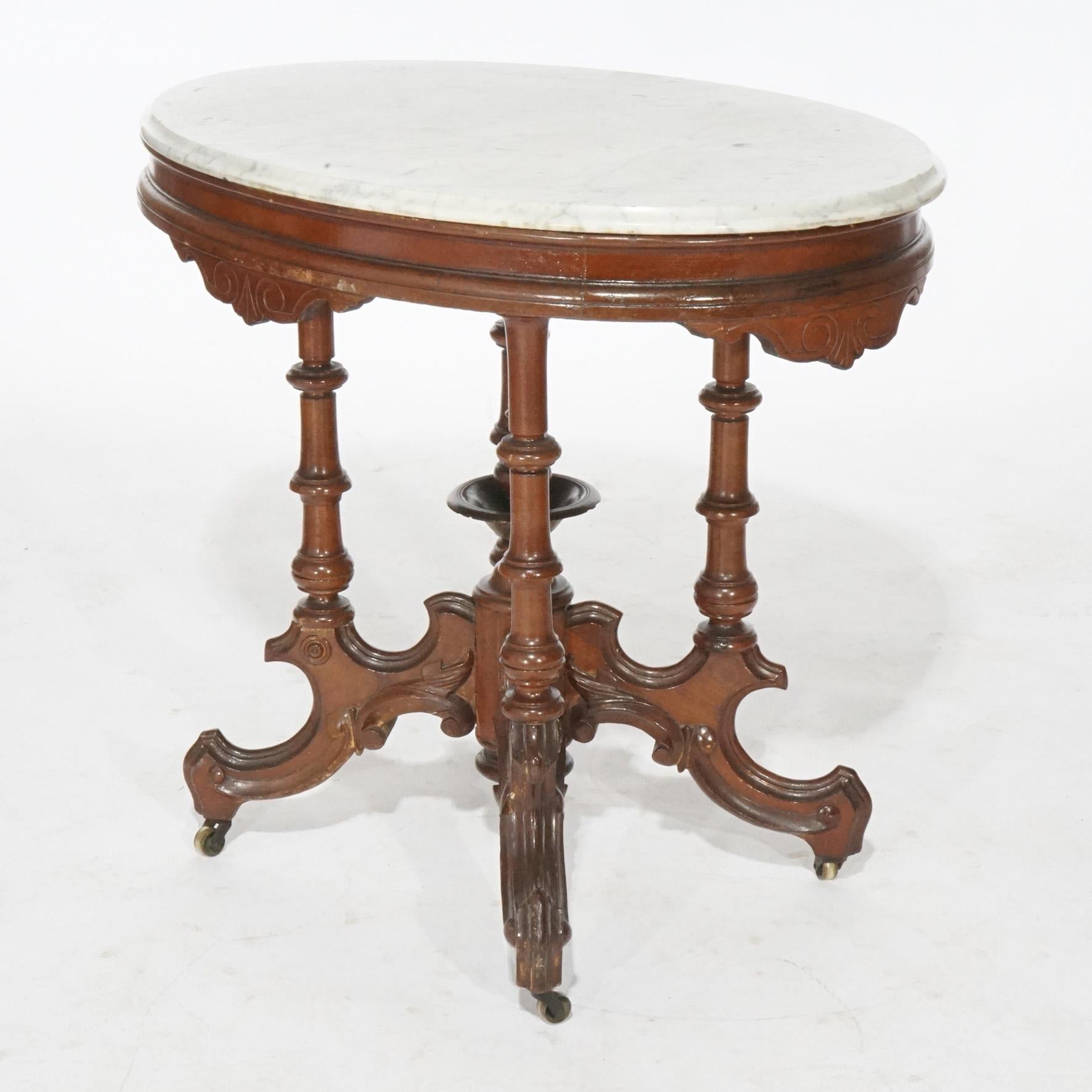 Antique Renaissance Revival Walnut Oval Marble Top Parlor Table, circa 1890 For Sale 2