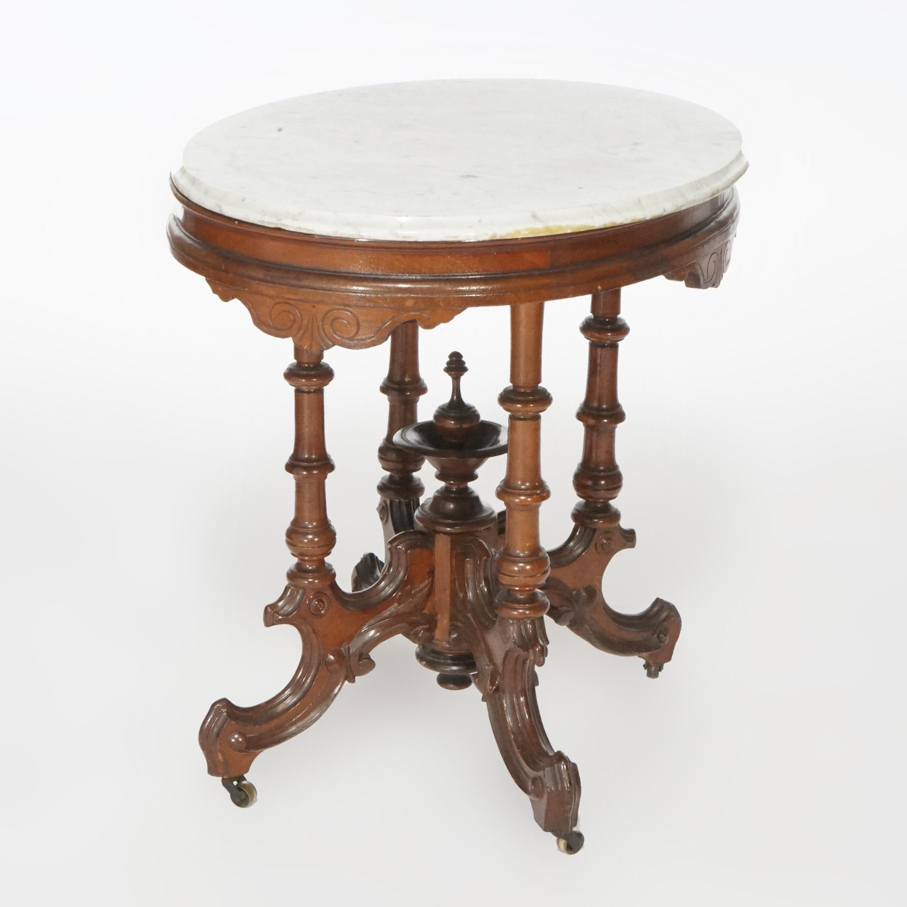 Antique Renaissance Revival Walnut Oval Marble Top Parlor Table, circa 1890 For Sale 3