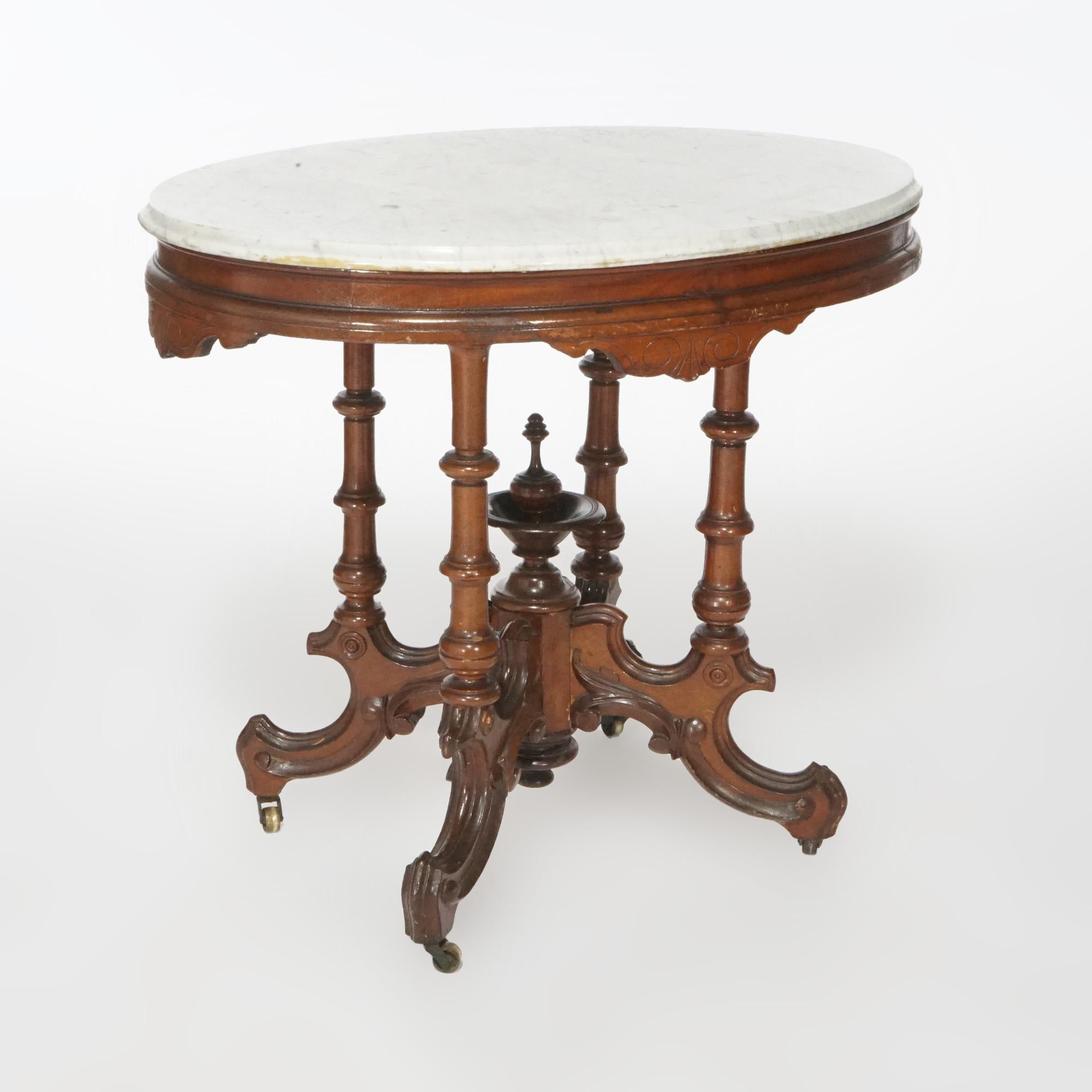 Antique Renaissance Revival Walnut Oval Marble Top Parlor Table, circa 1890 For Sale 4