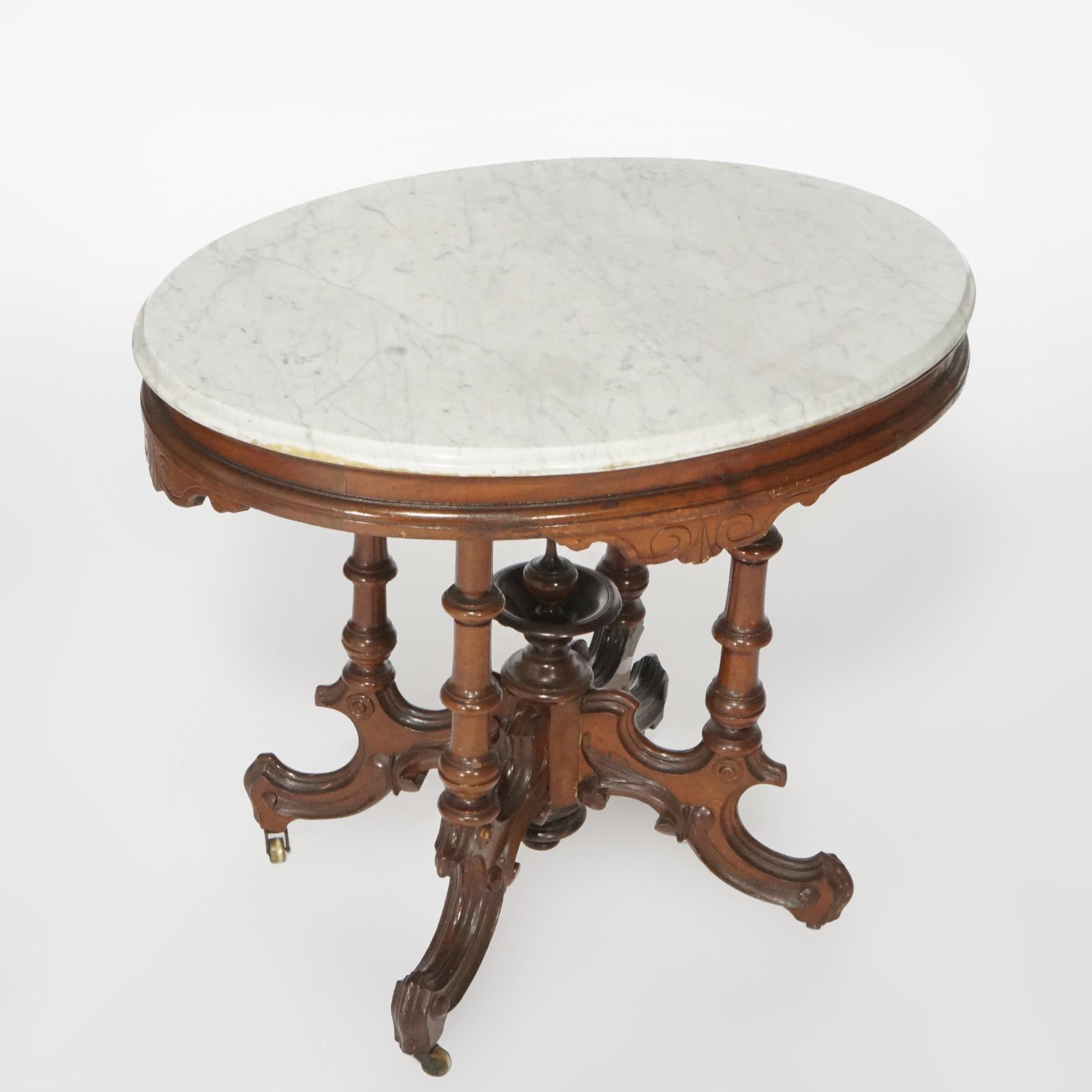 Antique Renaissance Revival Walnut Oval Marble Top Parlor Table, circa 1890 For Sale 5