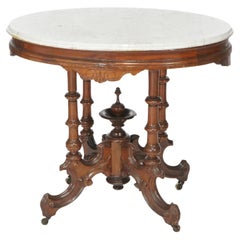 Ancienne table de salon néo-Renaissance en noyer avec plateau en marbre ovale, vers 1890