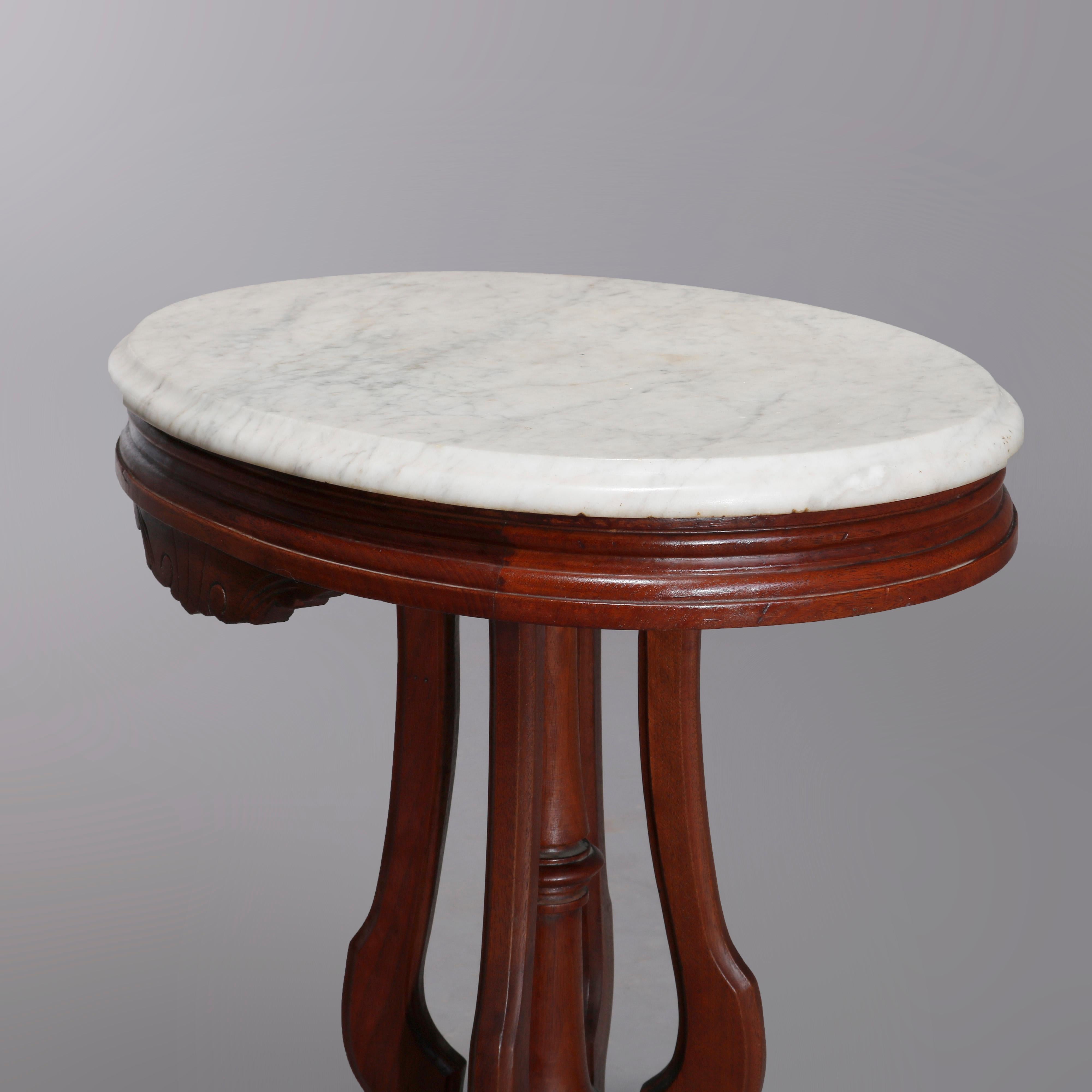 Victorian Antique Renaissance Revival Walnut Oval Marble Top Table, Circa 1890
