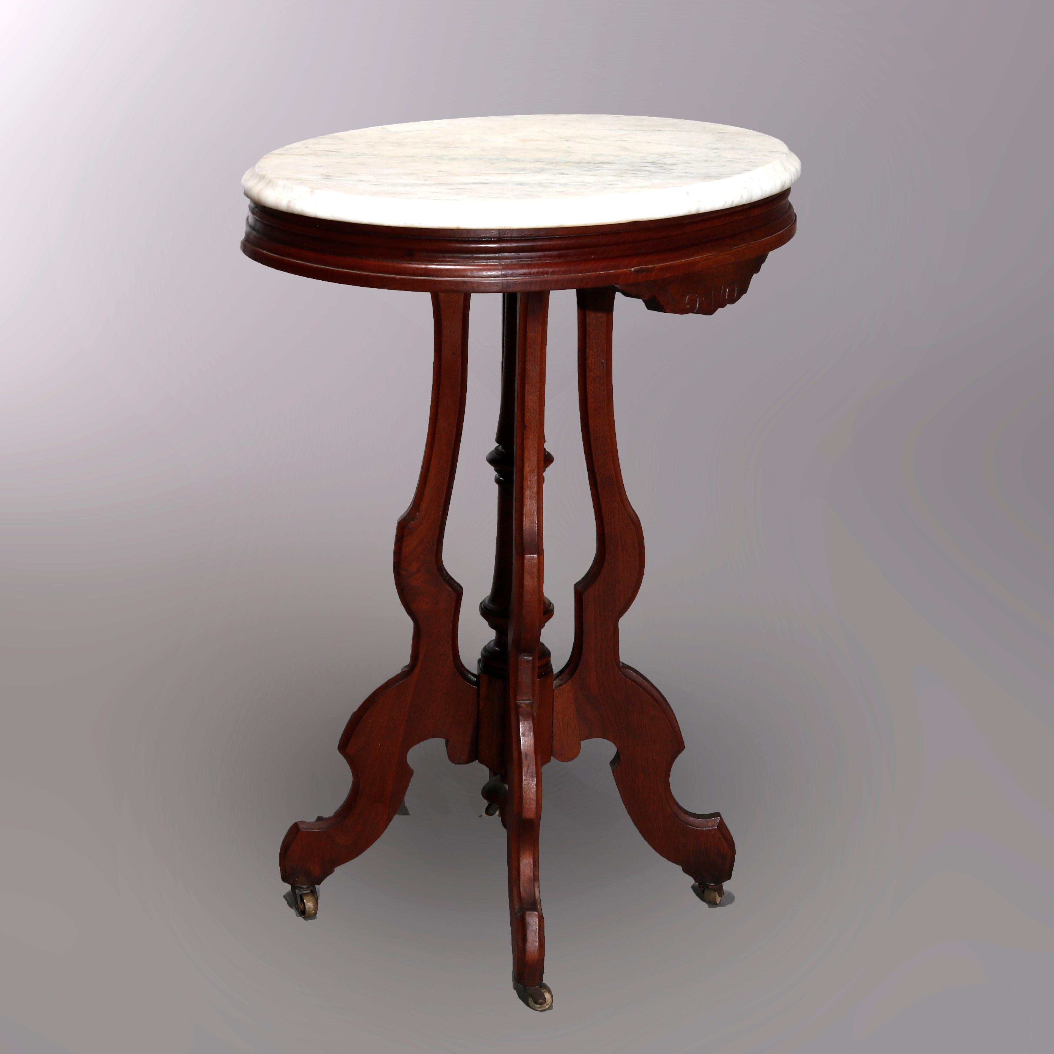 Antique Renaissance Revival Walnut Oval Marble Top Table, Circa 1890 In Good Condition In Big Flats, NY