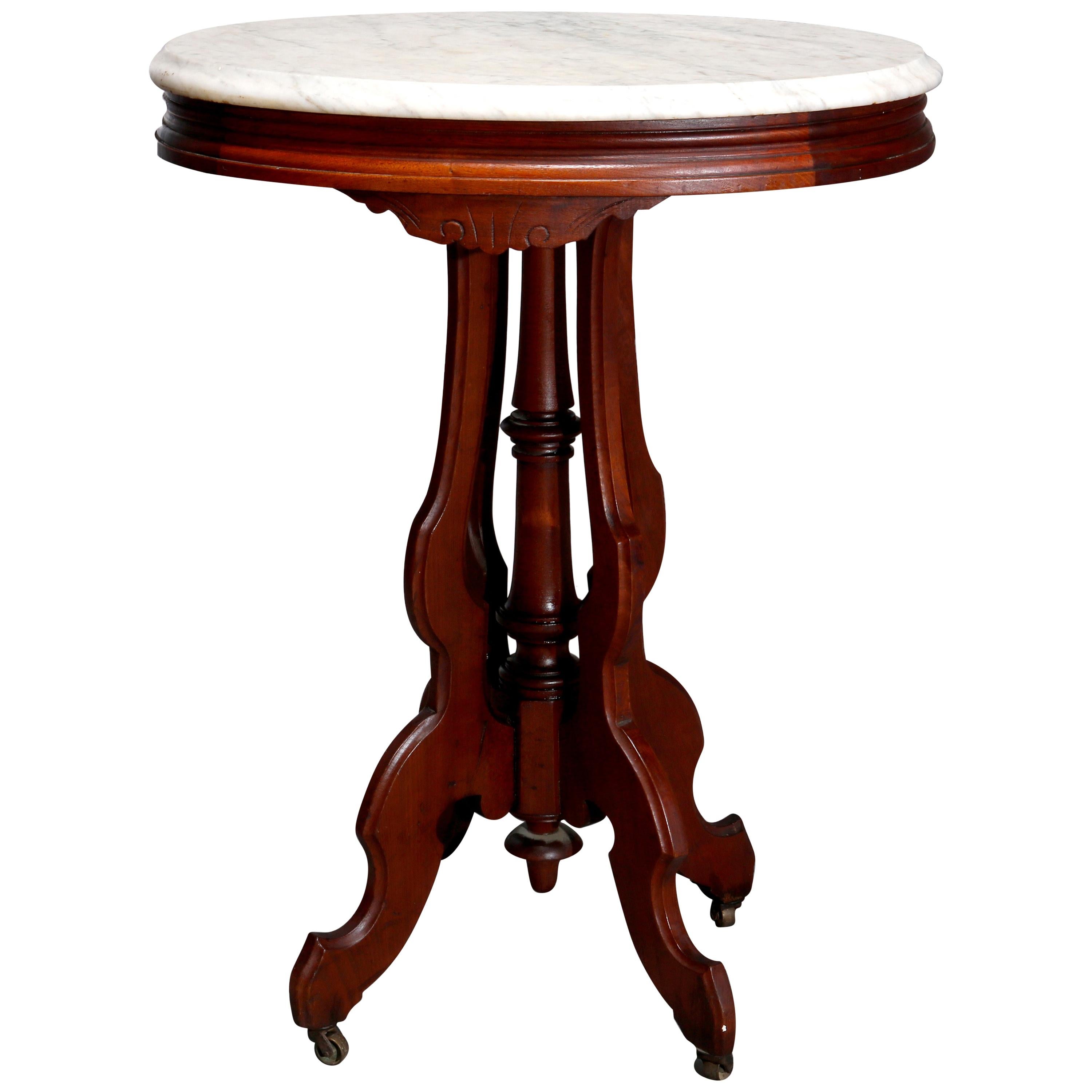 Antique Renaissance Revival Walnut Oval Marble Top Table, Circa 1890
