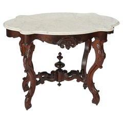 Table de salon ancienne de style néo-Renaissance en noyer, bois de rose et marbre, vers 1890