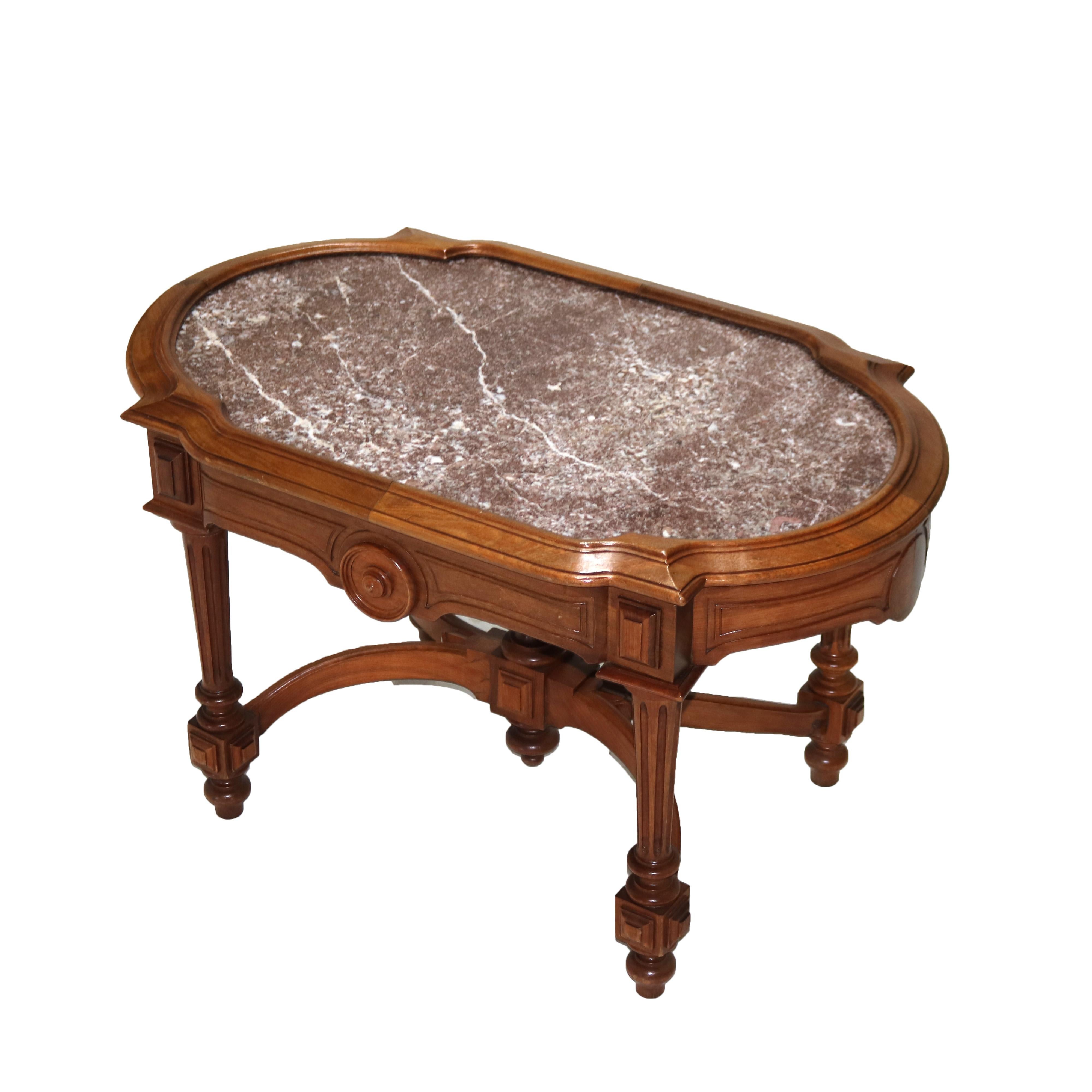 ***Reduced Delivery Rates - See Below or Click “Ask The Seller” to Request a Quote***

Antique Renaissance Revival Walnut Rouge Marble Parlor Table with Picture Frame Top & Balustrade Legs C1870

Measures- 21.5