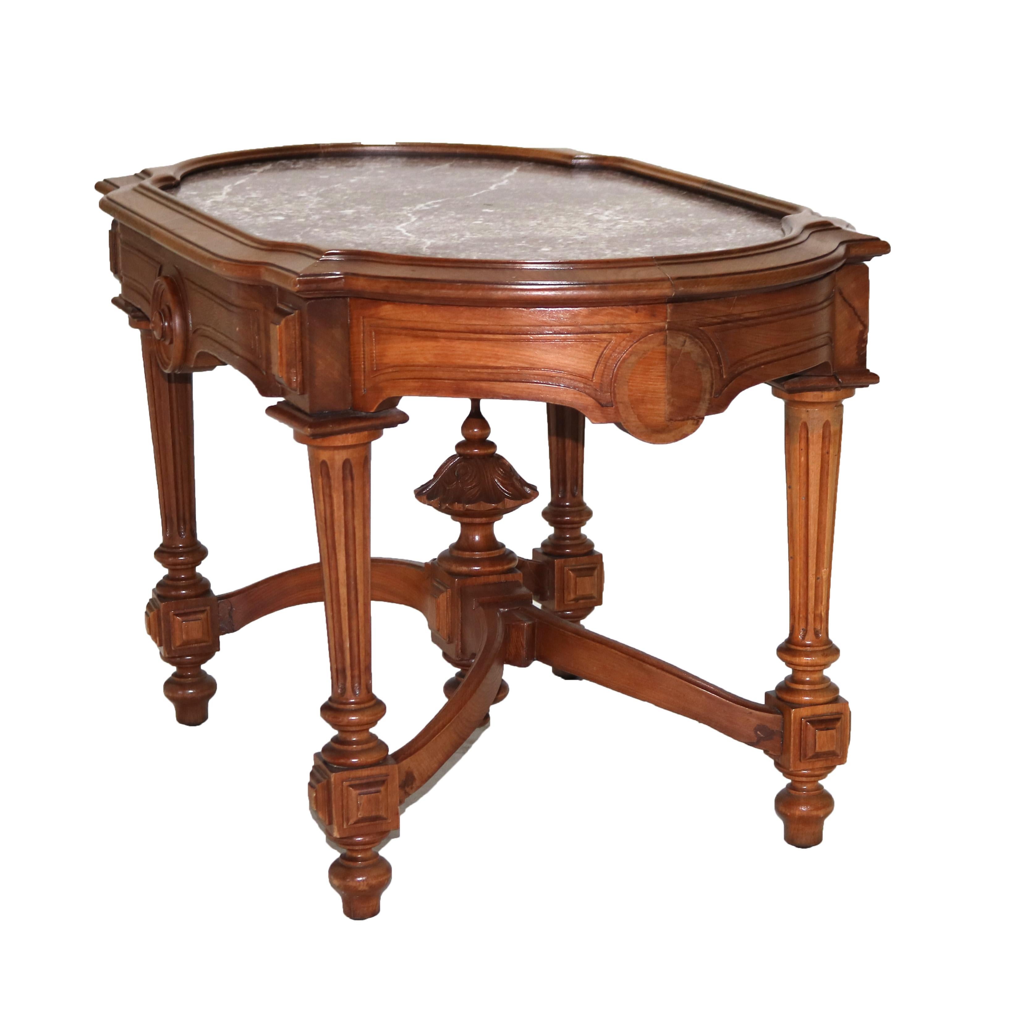 19th Century Antique Renaissance Revival Walnut Rouge Marble Parlor Table & Picture Frame Top For Sale