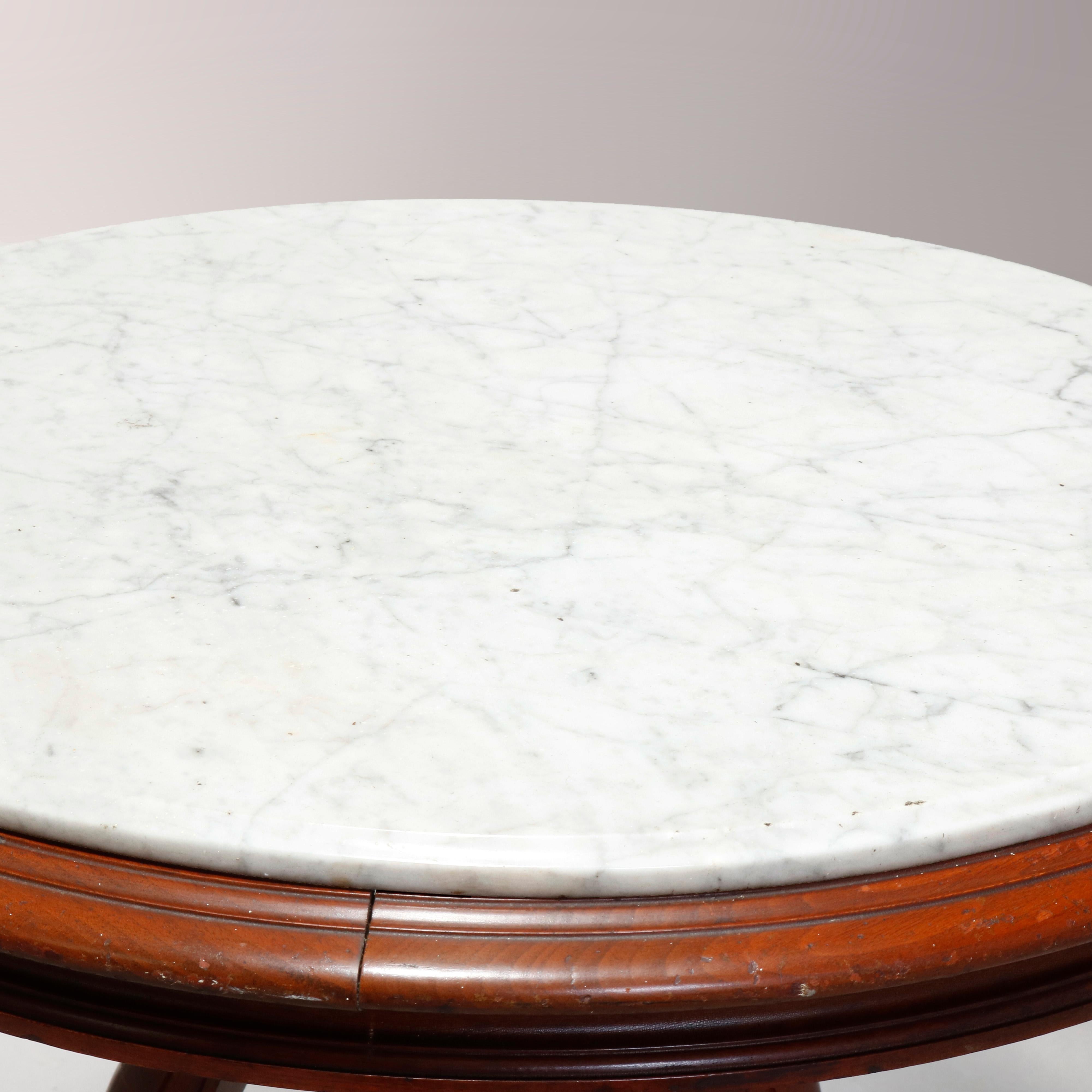 American Antique Renaissance Revival Walnut Round Marble-Top Center Table, circa 1890 For Sale
