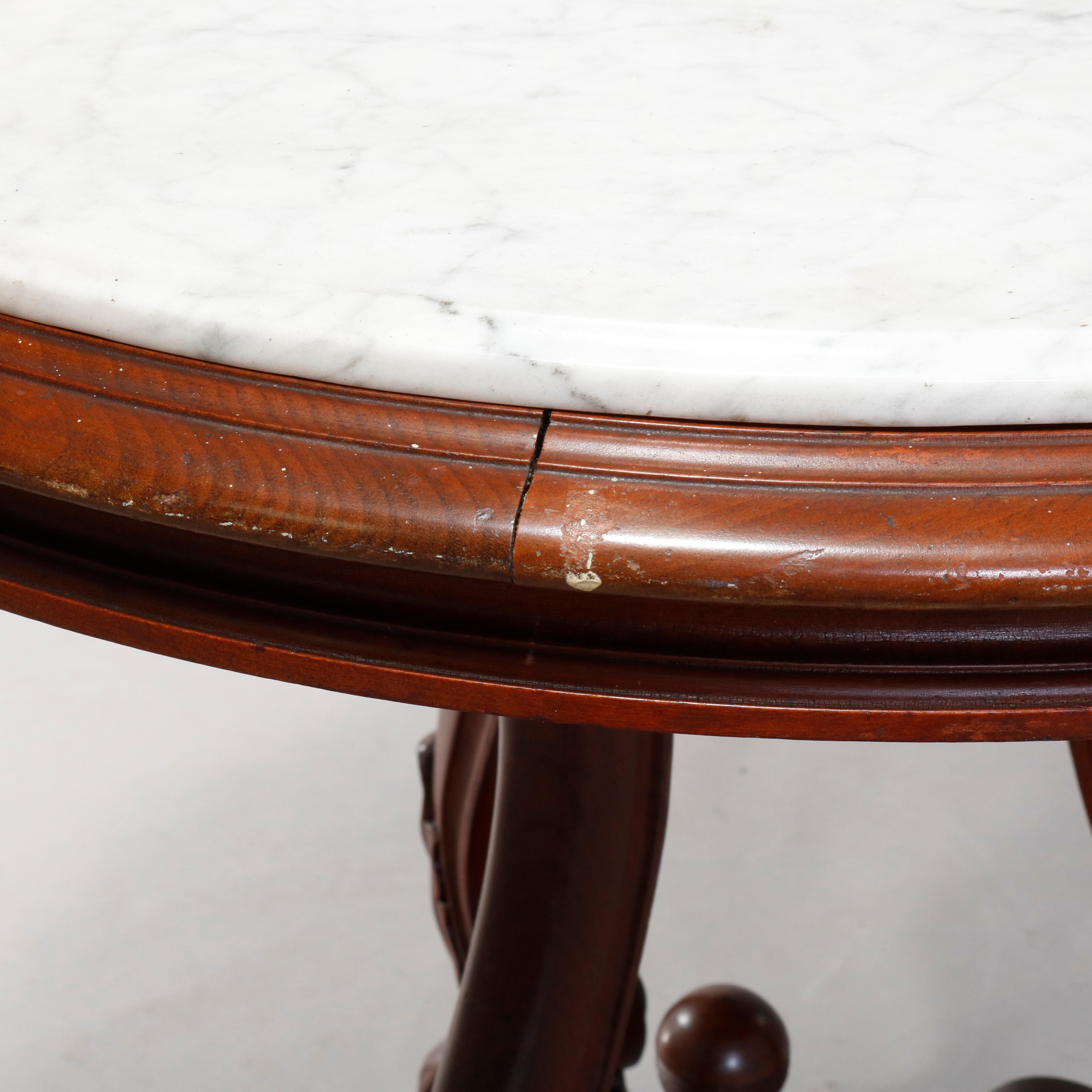 Antique Renaissance Revival Walnut Round Marble-Top Center Table, circa 1890 In Good Condition For Sale In Big Flats, NY