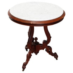 Ancienne table centrale en noyer de style néo-Renaissance avec plateau rond en marbre, vers 1890