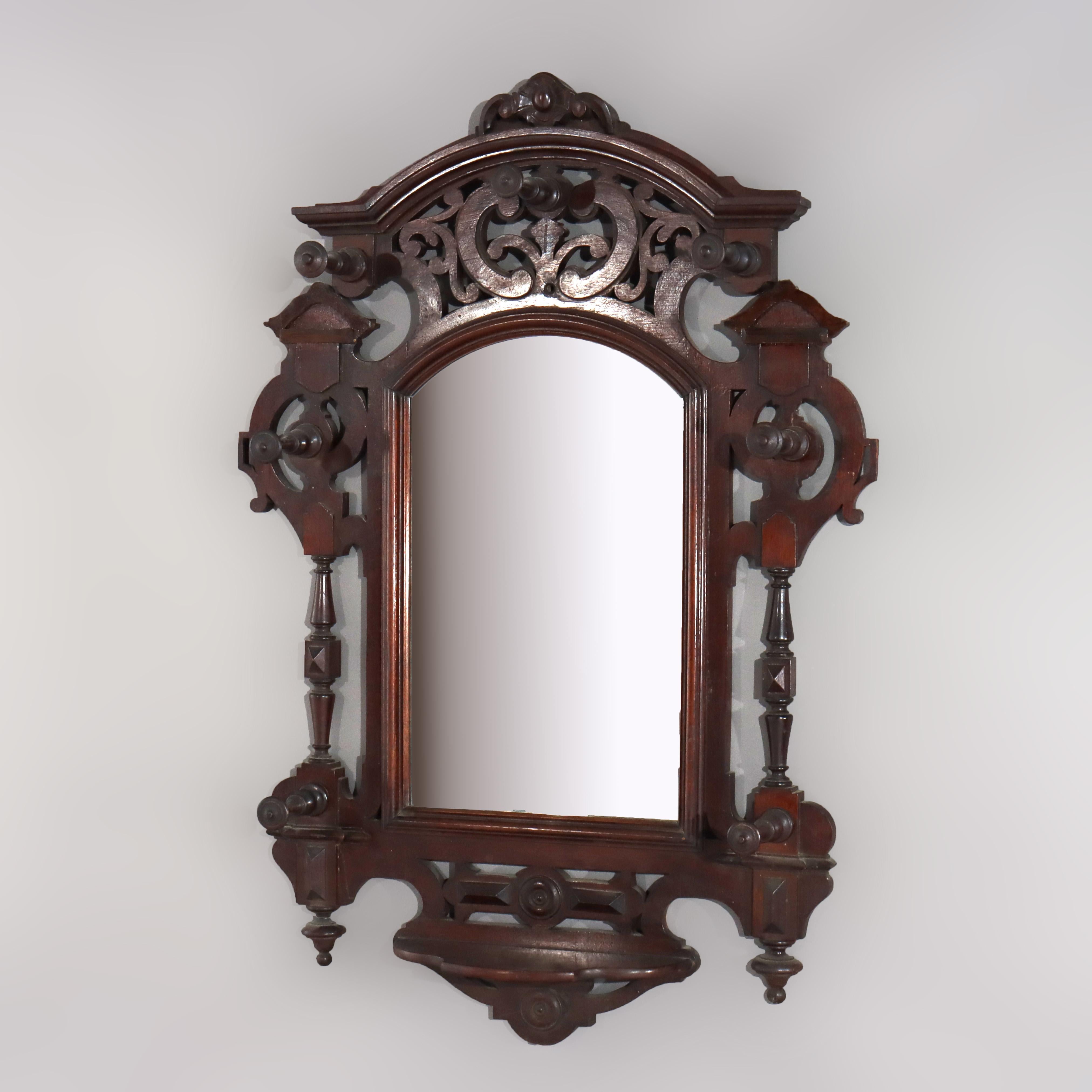 Antique Renaissance Revival Walnut Wall Mirror, Shelf & Hat Rack C1890
Mesures - 46