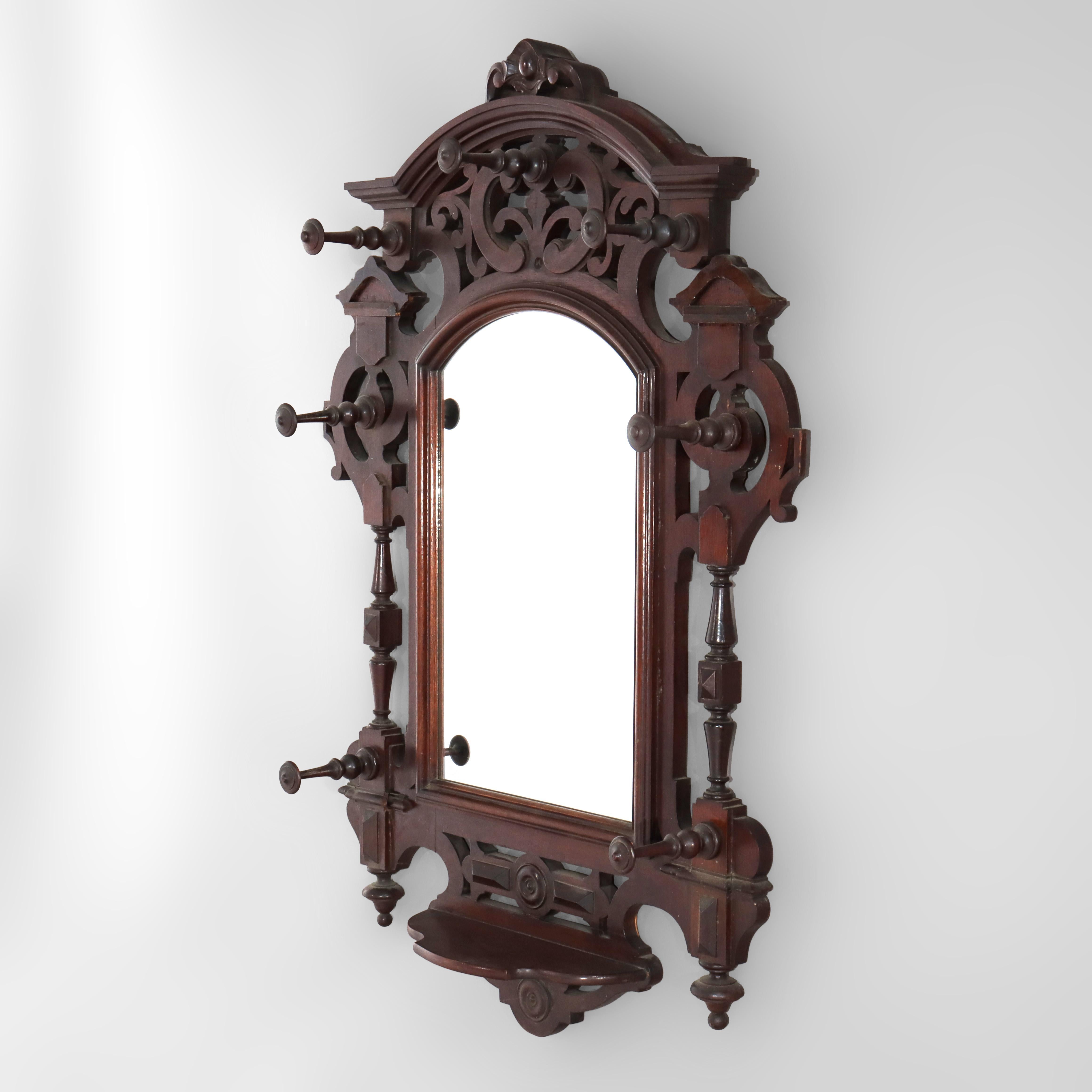 Antique Renaissance Revival Walnut Wall Mirror, Shelf & Hat Rack C1890 Bon état - En vente à Big Flats, NY
