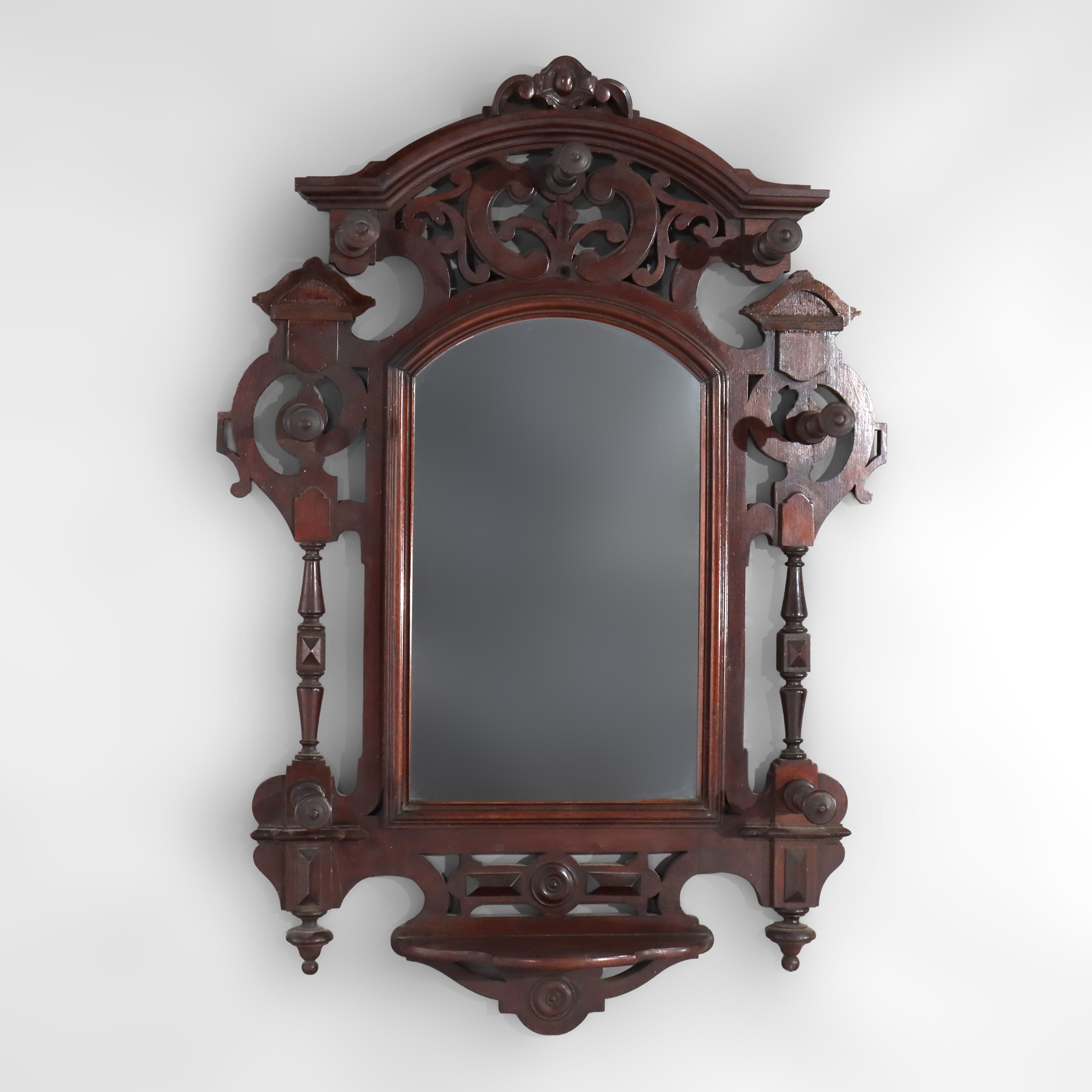 XIXe siècle Antique Renaissance Revival Walnut Wall Mirror, Shelf & Hat Rack C1890 en vente