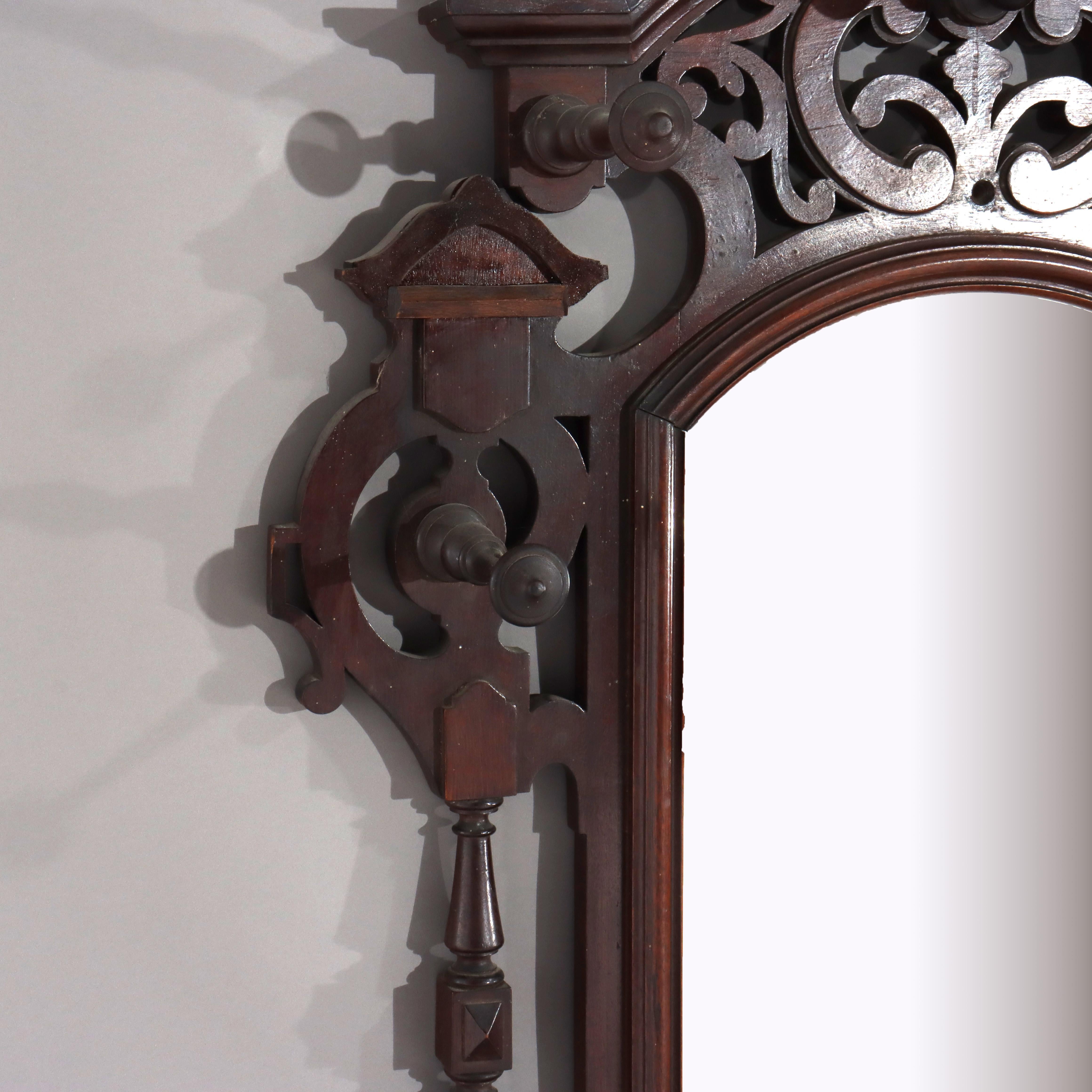 Miroir Antique Renaissance Revival Walnut Wall Mirror, Shelf & Hat Rack C1890 en vente