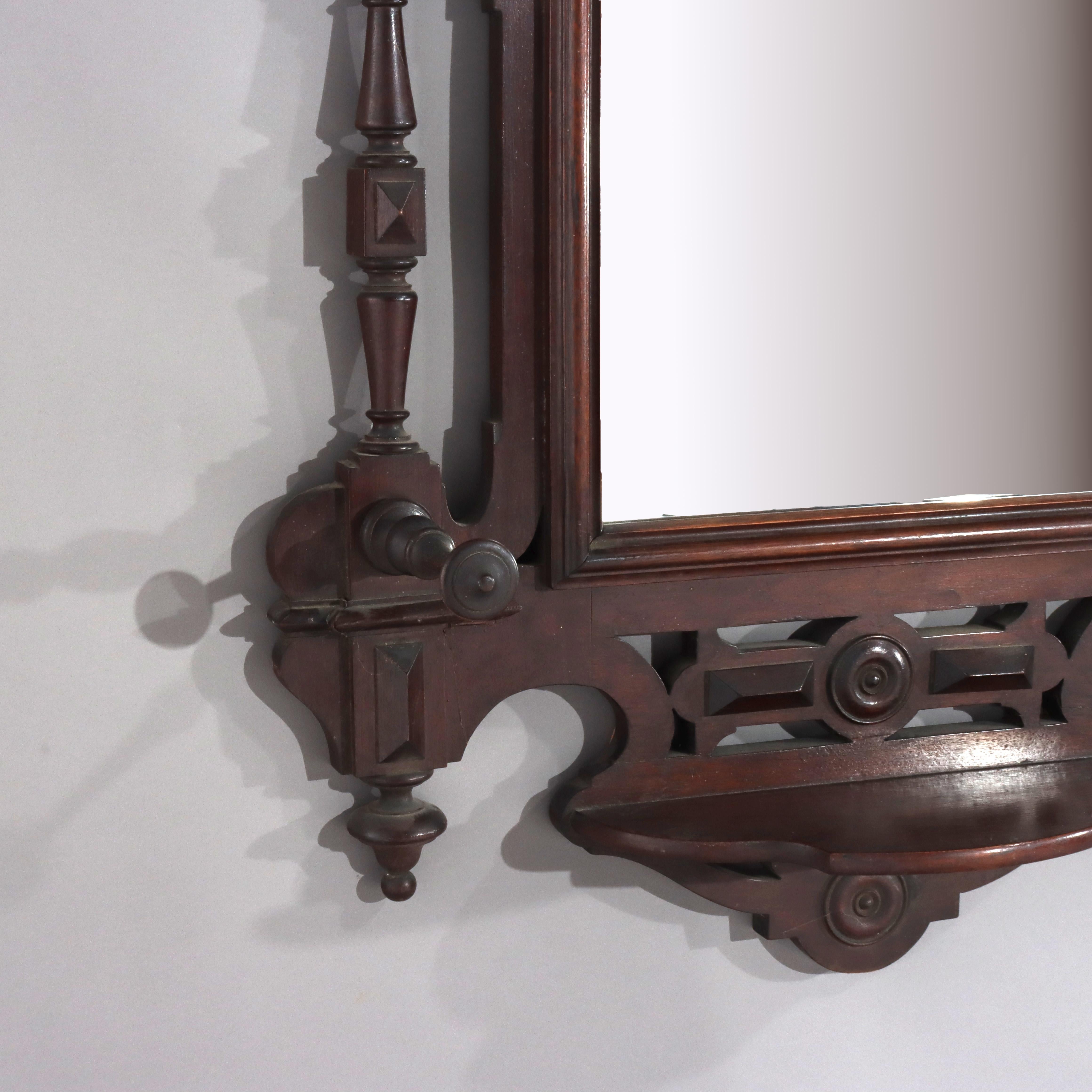 Antique Renaissance Revival Walnut Wall Mirror, Shelf & Hat Rack C1890 en vente 1