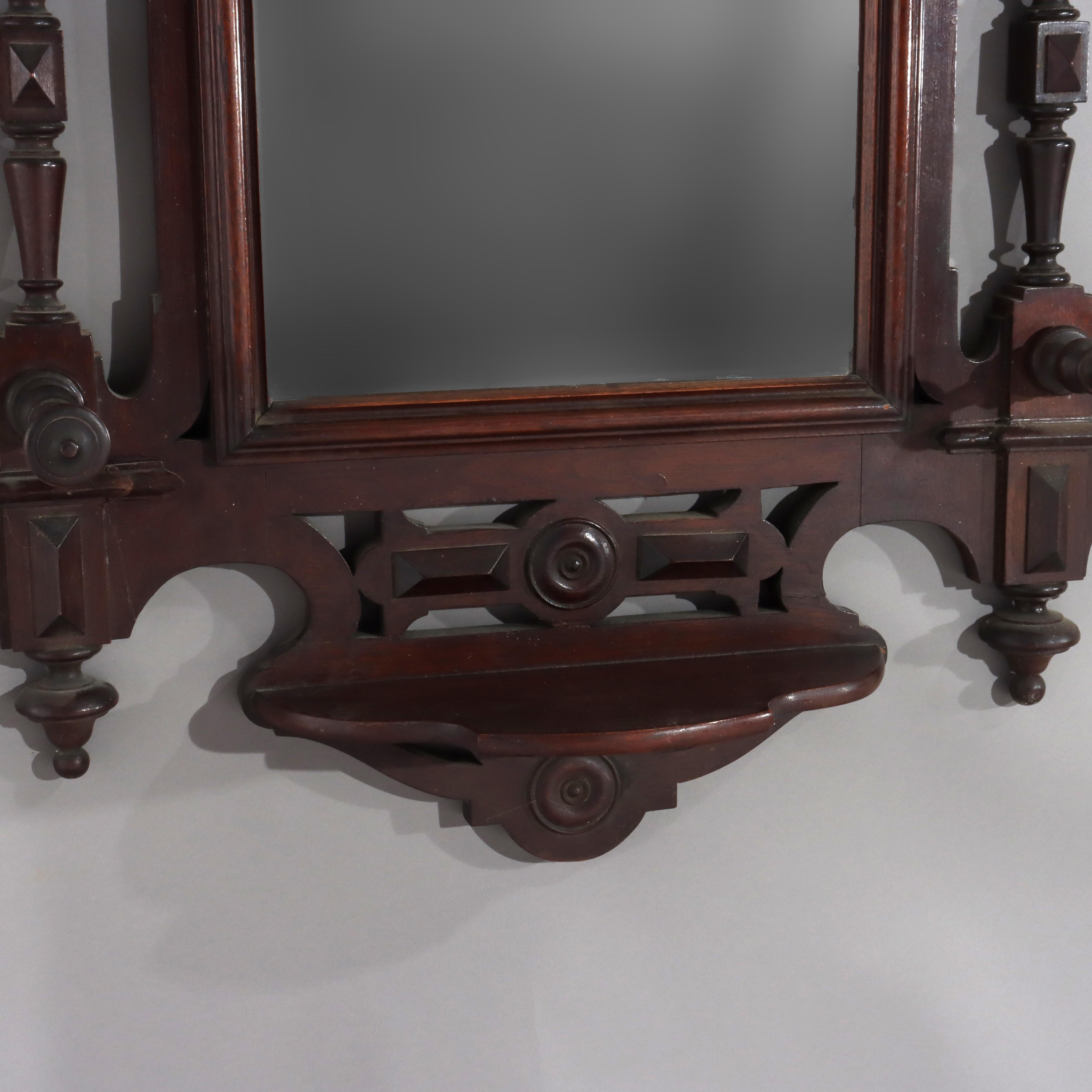 Antique Renaissance Revival Walnut Wall Mirror, Shelf & Hat Rack C1890 en vente 2