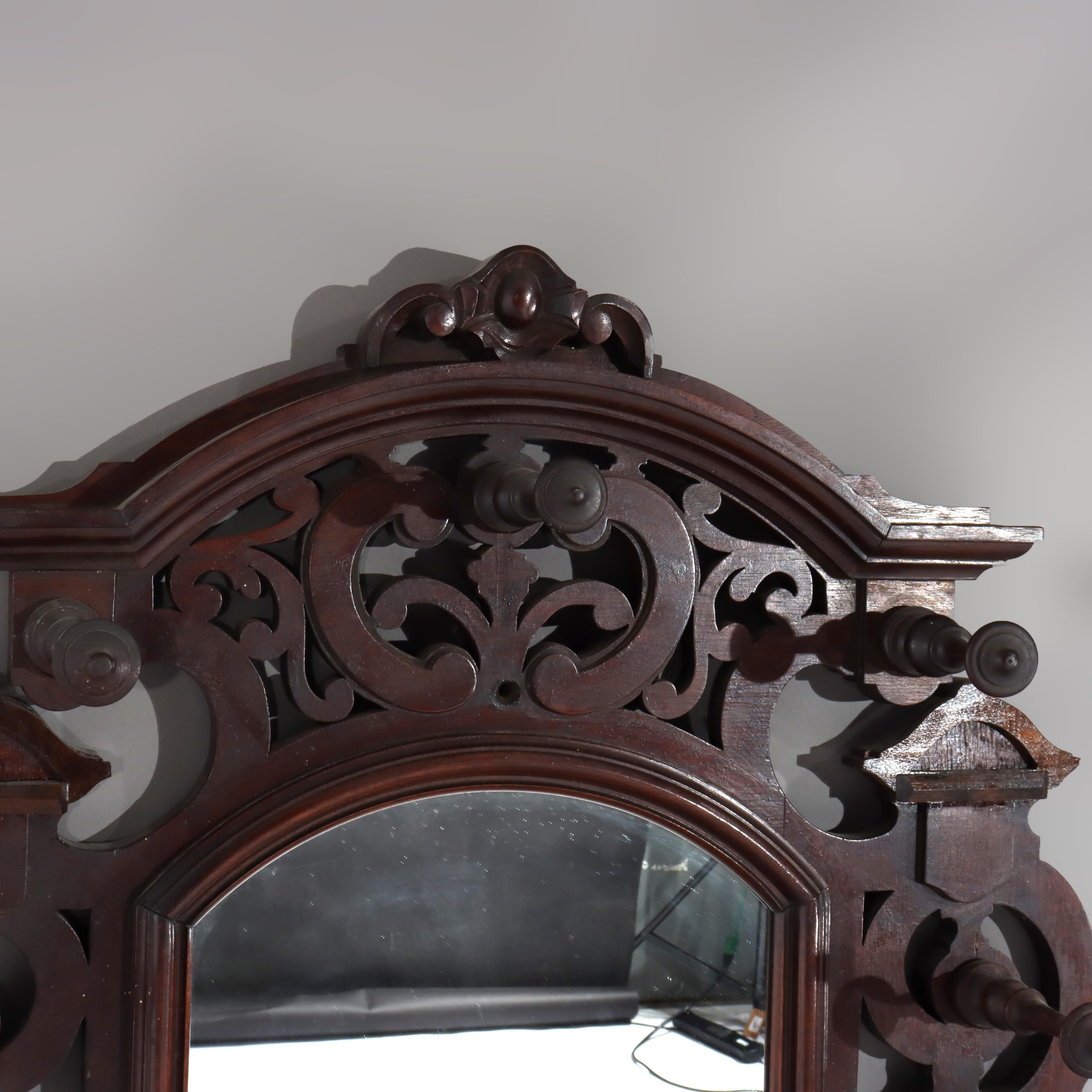 Antique Renaissance Revival Walnut Wall Mirror, Shelf & Hat Rack C1890 en vente 3