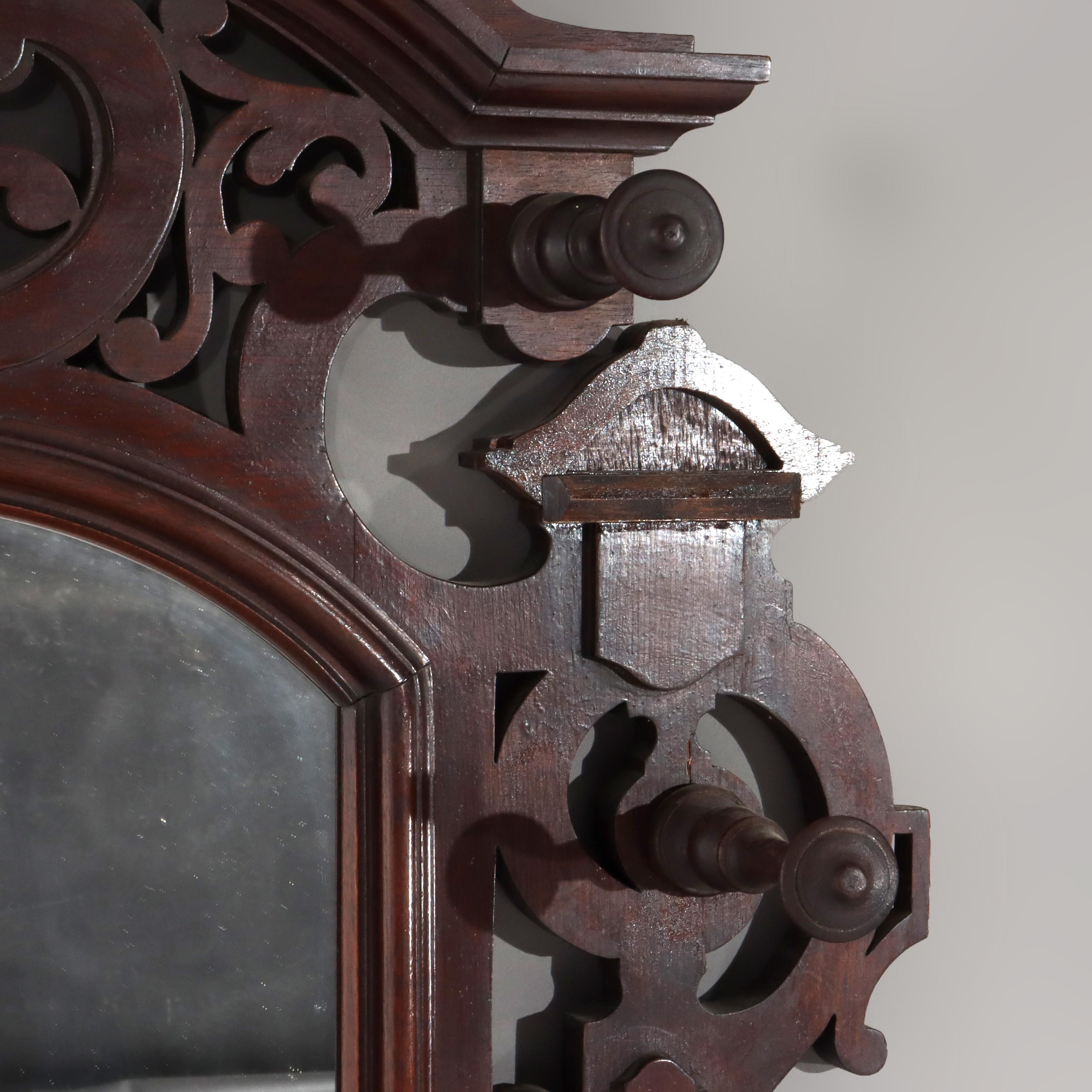 Antique Renaissance Revival Walnut Wall Mirror, Shelf & Hat Rack C1890 en vente 4