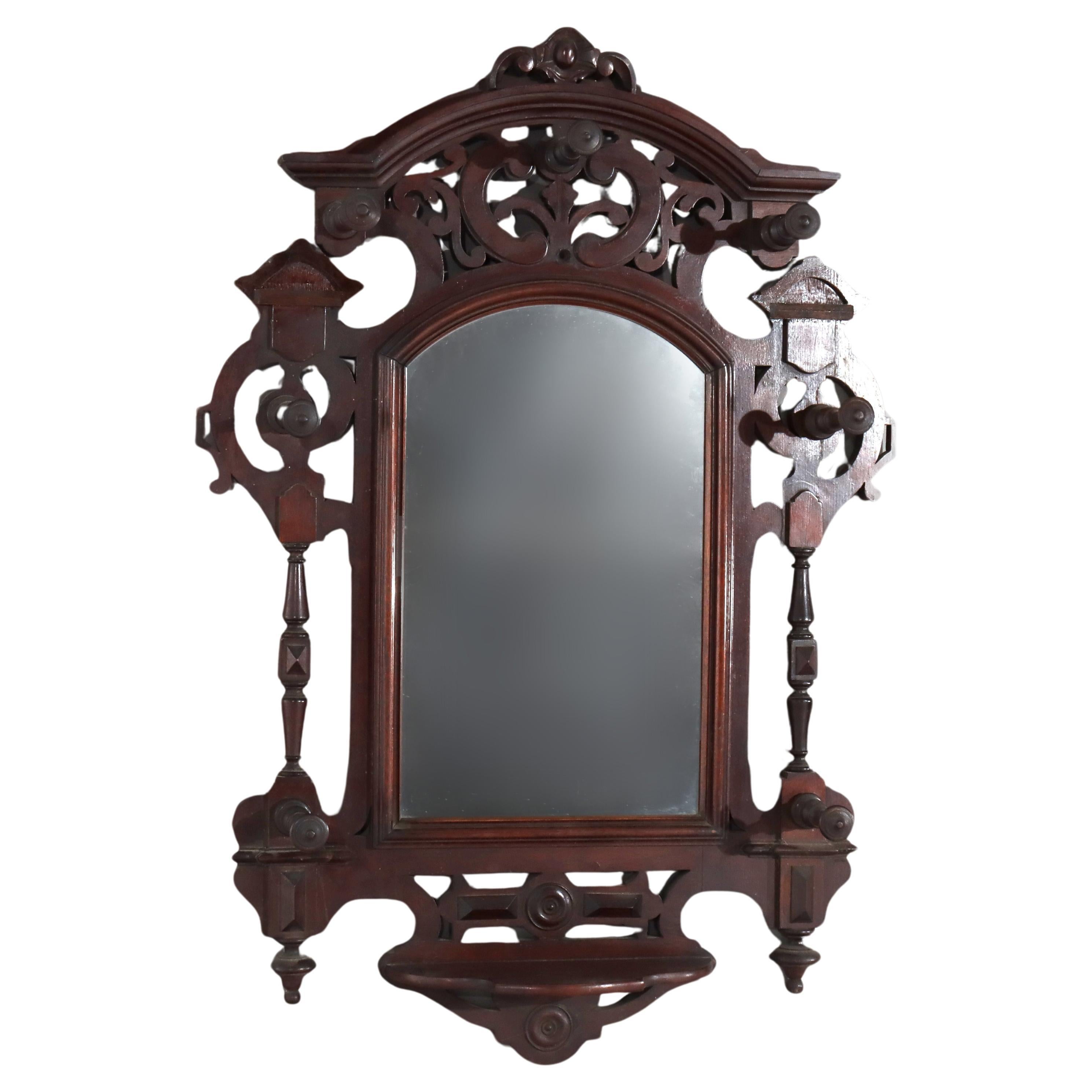 Antique Renaissance Revival Walnut Wall Mirror, Shelf & Hat Rack C1890 en vente