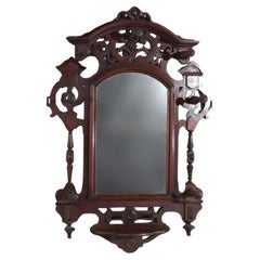 Antique Renaissance Revival Walnut Wall Mirror, Shelf & Hat Rack C1890