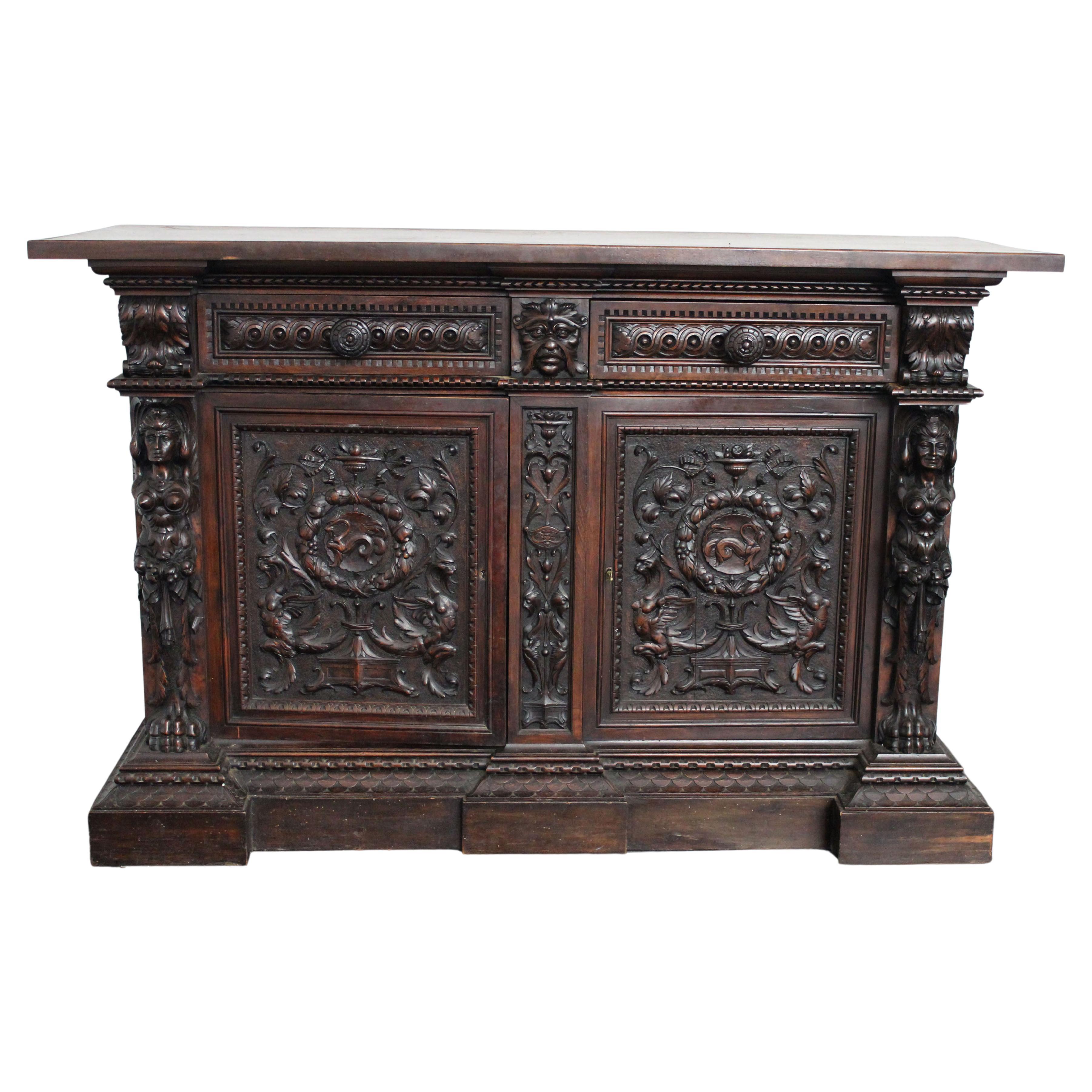 Antique Renaissance Style Carved Sideboard For Sale