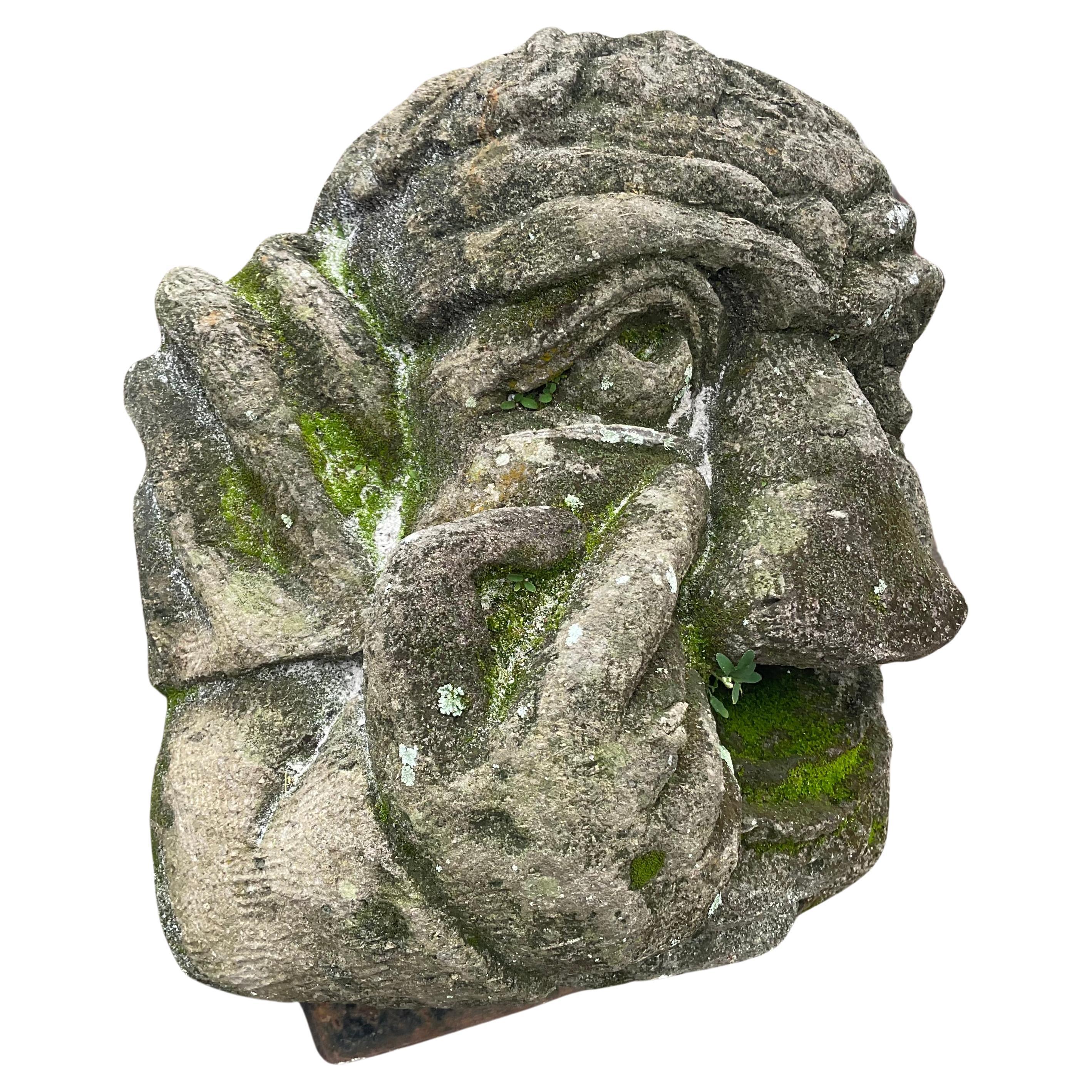 English Antique Renaissance Style Carved Stone Head Of A Gargoyle On Stand
