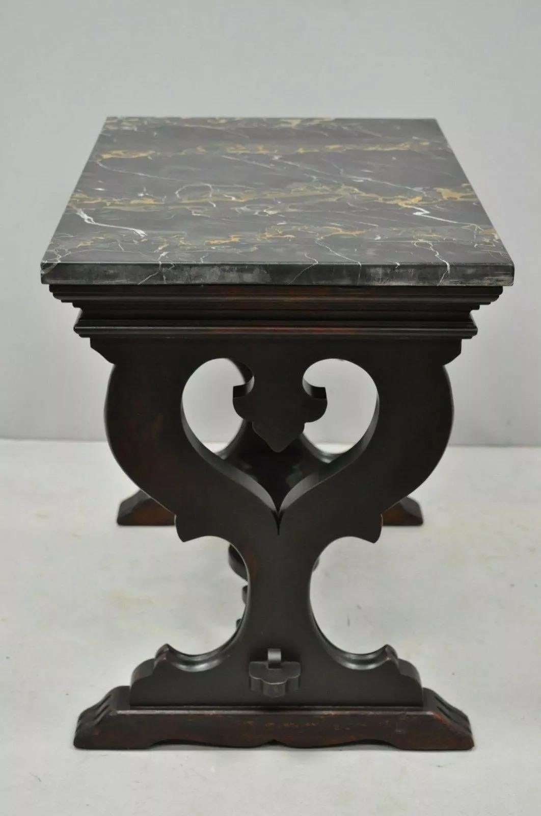 Unknown Antique Renaissance Style Carved Walnut Marble Top Side Table from Bloomingdales For Sale