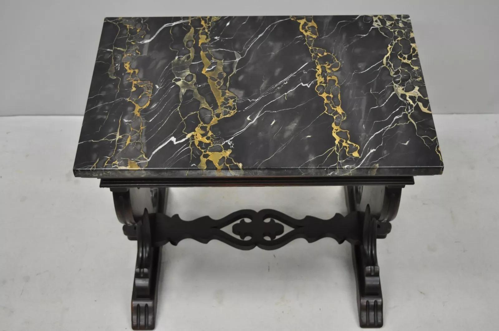 Antique Renaissance Style Carved Walnut Marble Top Side Table from Bloomingdales In Good Condition For Sale In Philadelphia, PA