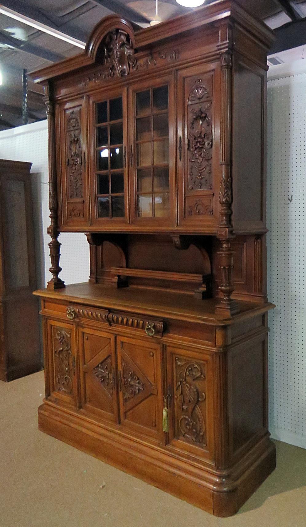 Antique Renaissance Style China Cabinet Court Cupboard Breakfront C1870 In Good Condition In Swedesboro, NJ