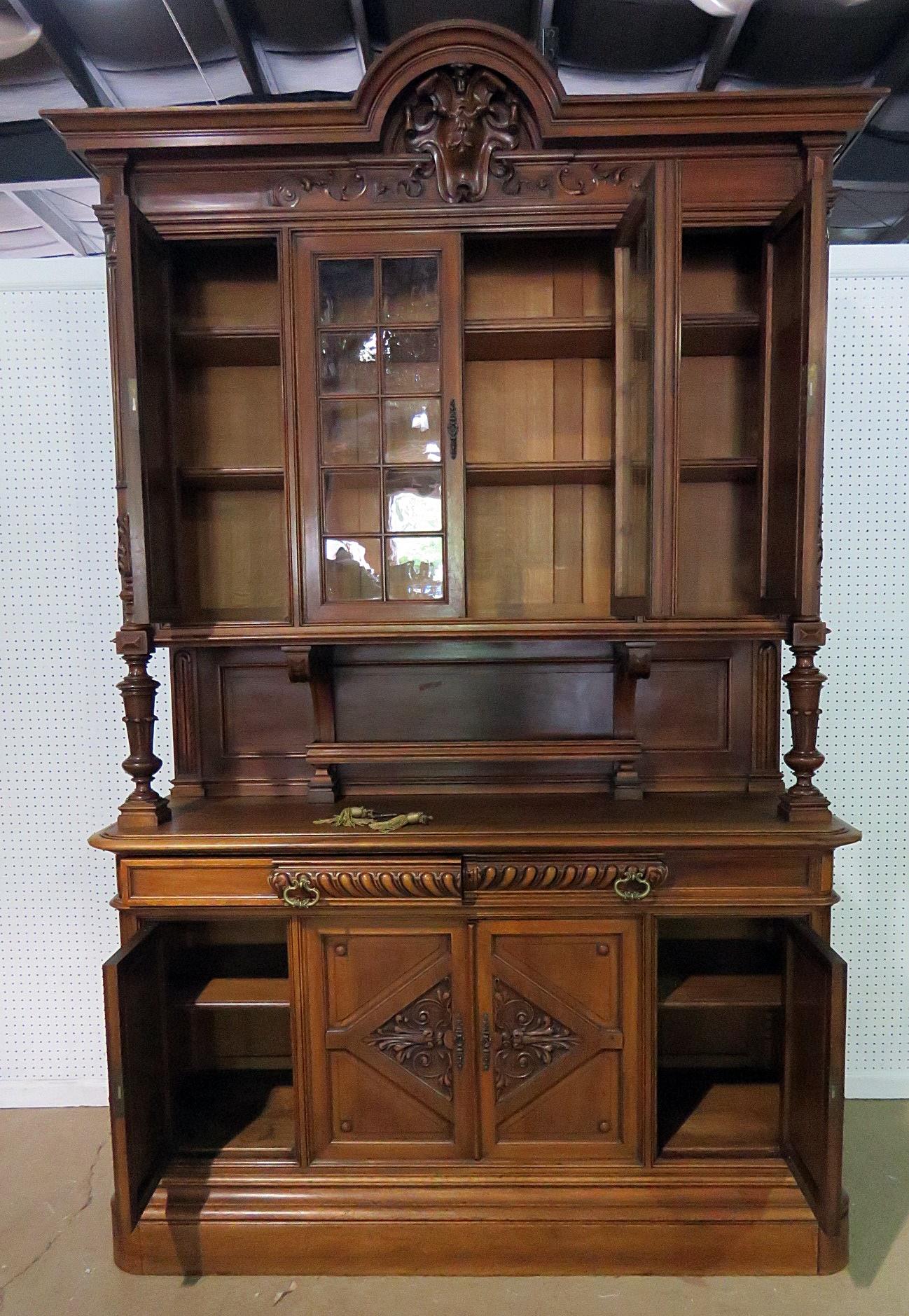 20th Century Antique Renaissance Style China Cabinet Court Cupboard Breakfront C1870