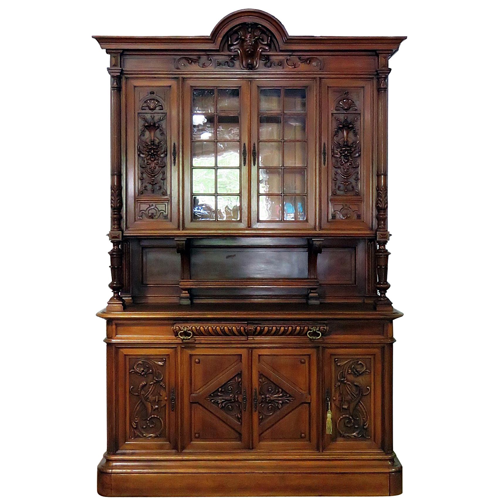 Antique Renaissance Style China Cabinet Court Cupboard Breakfront C1870