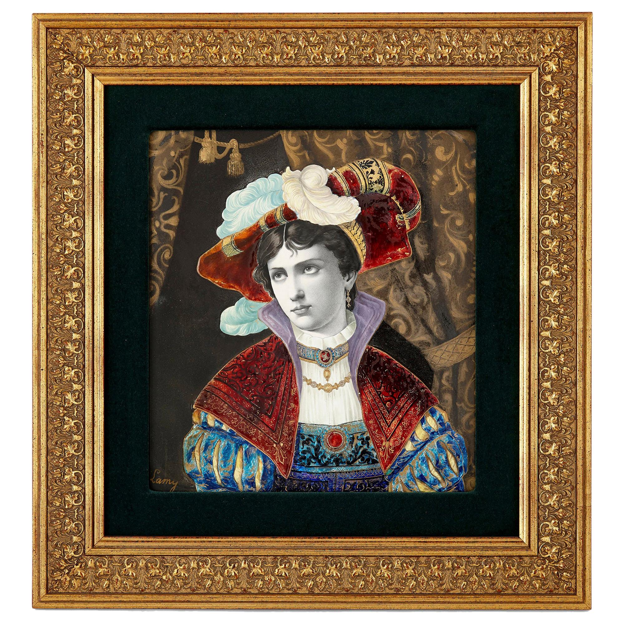 Portrait ancien en porcelaine de style Renaissance avec émail de Lamy