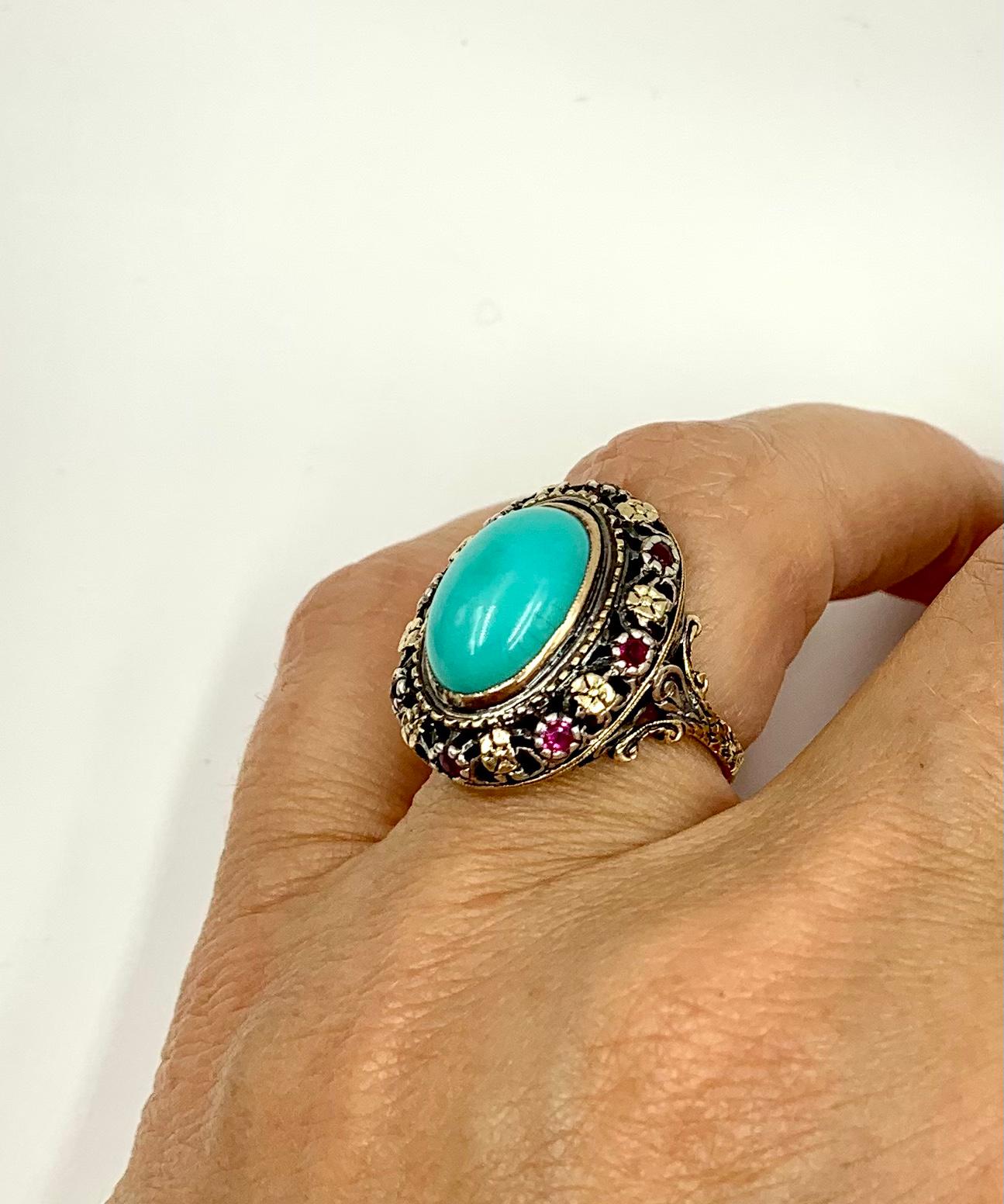 Antique Renaissance Style Turquoise, Ruby 18K Filigree Gold Ring, 19th Century For Sale 4
