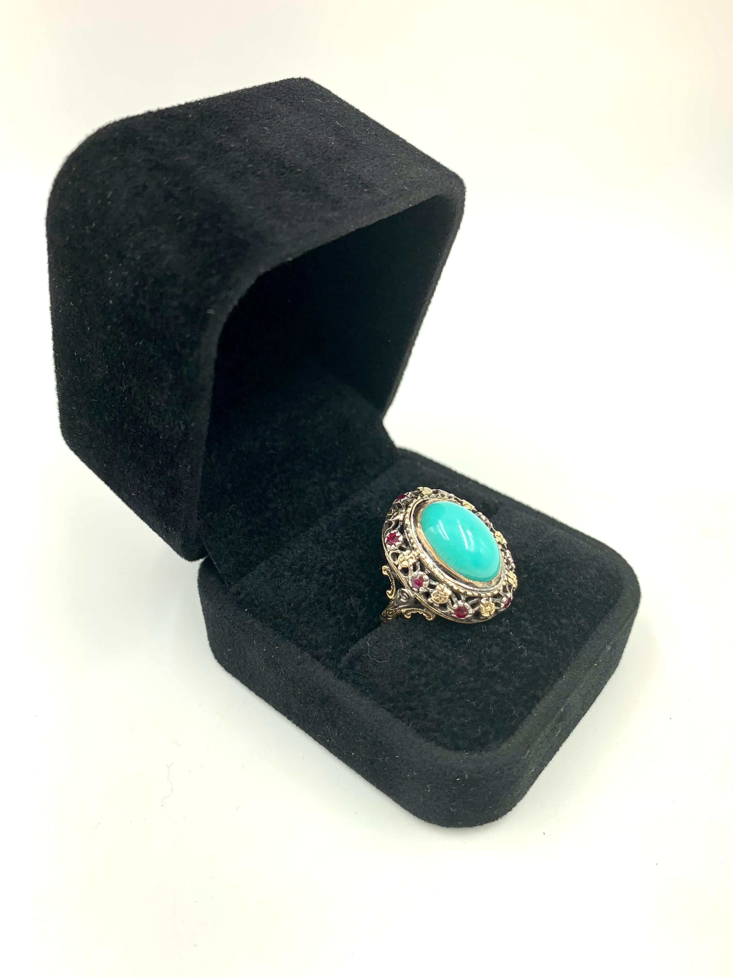 Antique Renaissance Style Turquoise, Ruby 18K Filigree Gold Ring, 19th Century For Sale 1