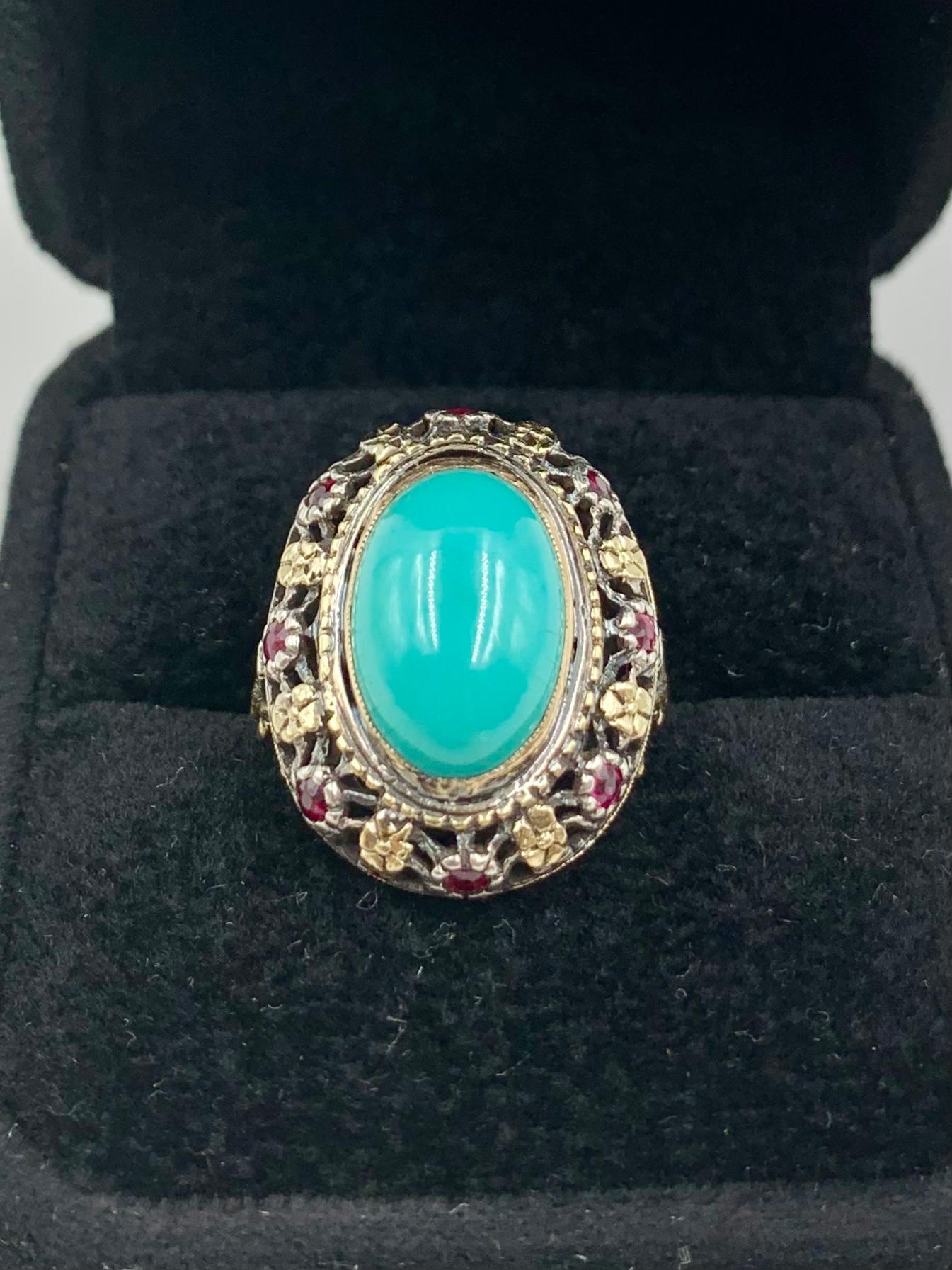 Antique Renaissance Style Turquoise, Ruby 18K Filigree Gold Ring, 19th Century For Sale 5