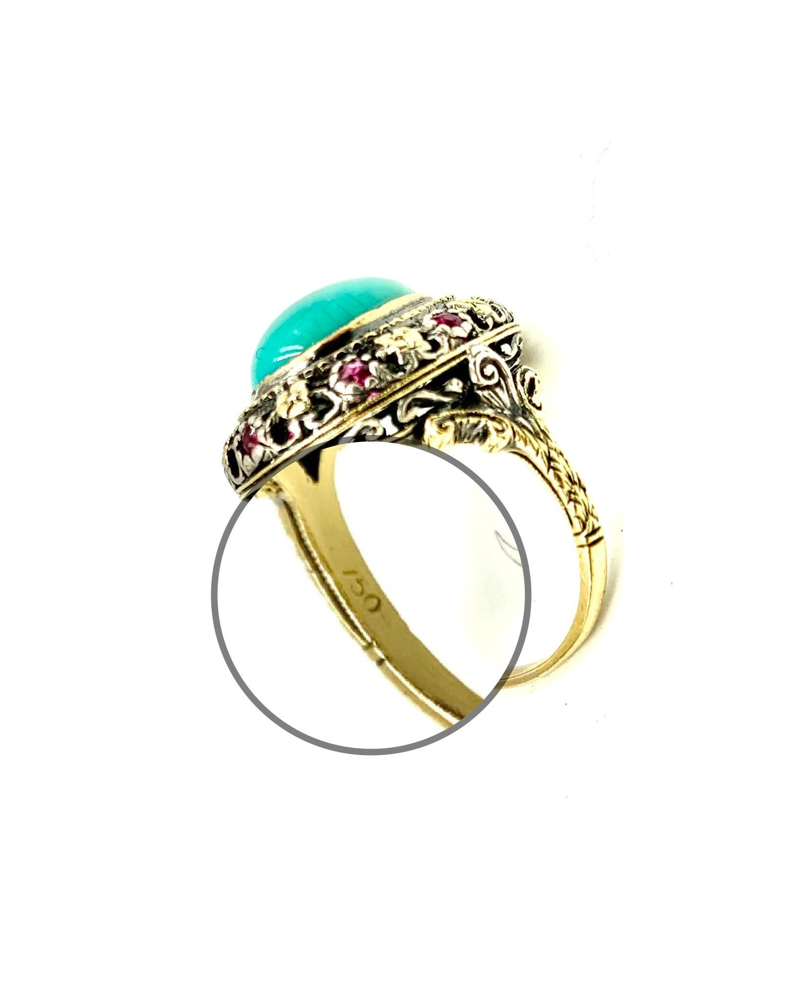 Cabochon Antique Renaissance Style Turquoise, Ruby 18K Filigree Gold Ring, 19th Century For Sale