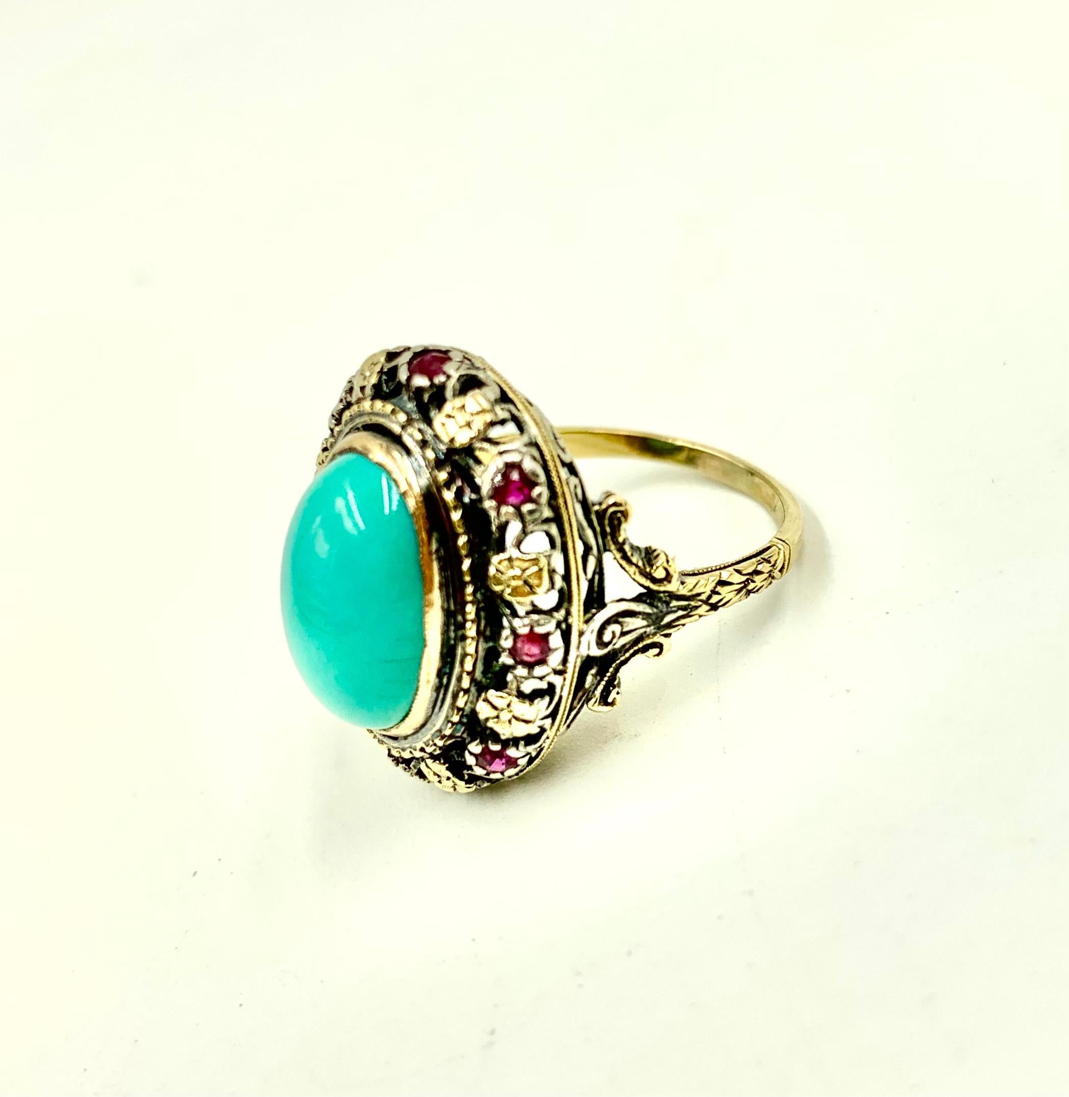 Cabochon Antique Renaissance Style Turquoise, Ruby 18K Filigree Gold Ring, 19th Century