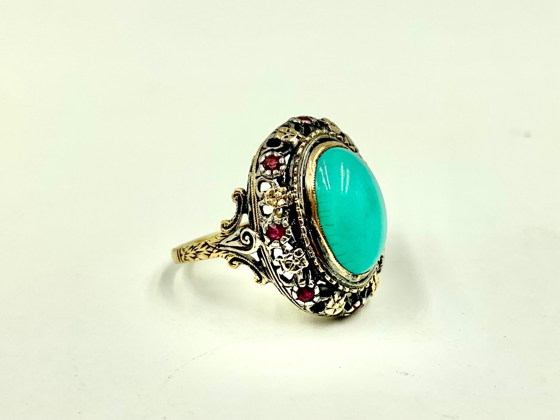 Women's or Men's Antique Renaissance Style Turquoise, Ruby 18K Filigree Gold Ring, 19th Century For Sale