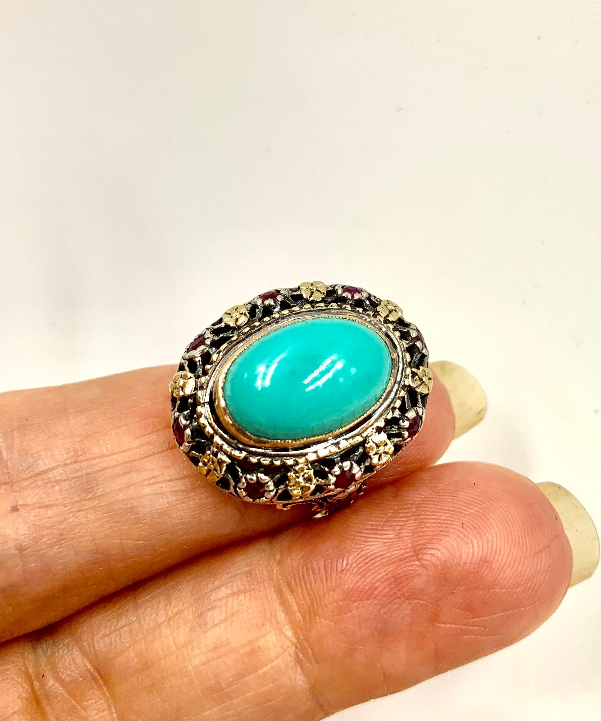 Antique Renaissance Style Turquoise, Ruby 18K Filigree Gold Ring, 19th Century For Sale 2