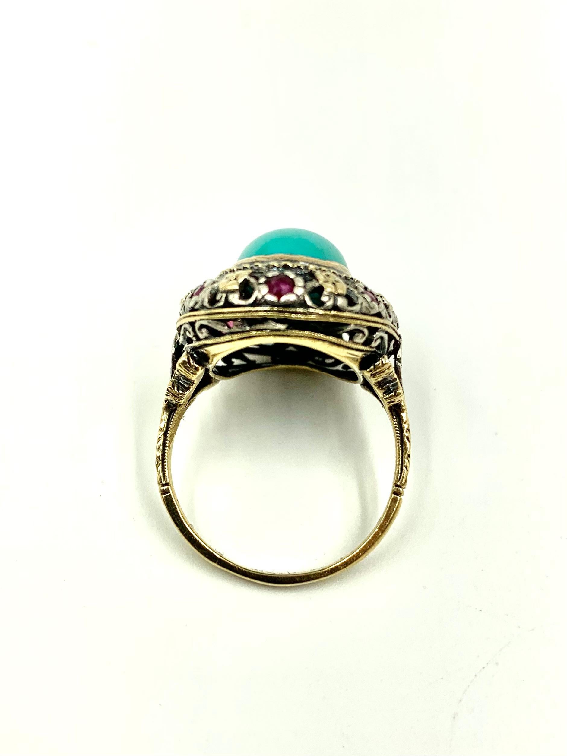 Antique Renaissance Style Turquoise, Ruby 18K Filigree Gold Ring, 19th Century For Sale 3