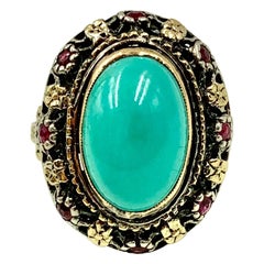 Antique Renaissance Style Turquoise, Ruby 18K Filigree Gold Ring, 19th Century