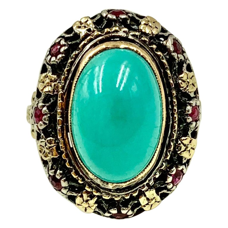 Antique Renaissance Style Turquoise, Ruby 18K Filigree Gold Ring, 19th  Century For Sale at 1stDibs