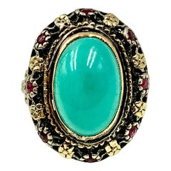 Antique Renaissance Style Turquoise, Ruby 18K Filigree Gold Ring, 19th Century