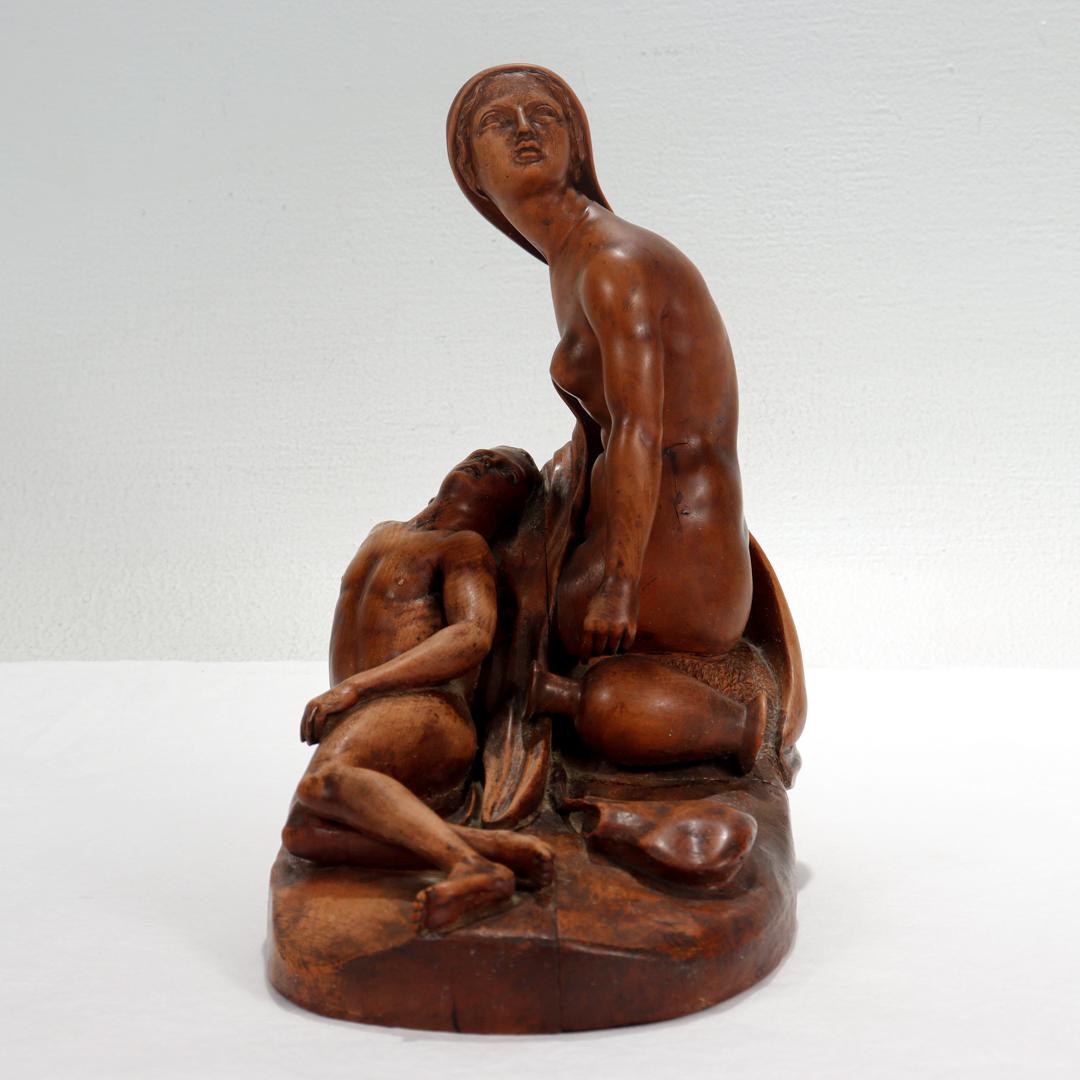 Antique Renaissance Style Wooden Carved Pieta Sculpture with Mary & Christ In Fair Condition For Sale In Philadelphia, PA