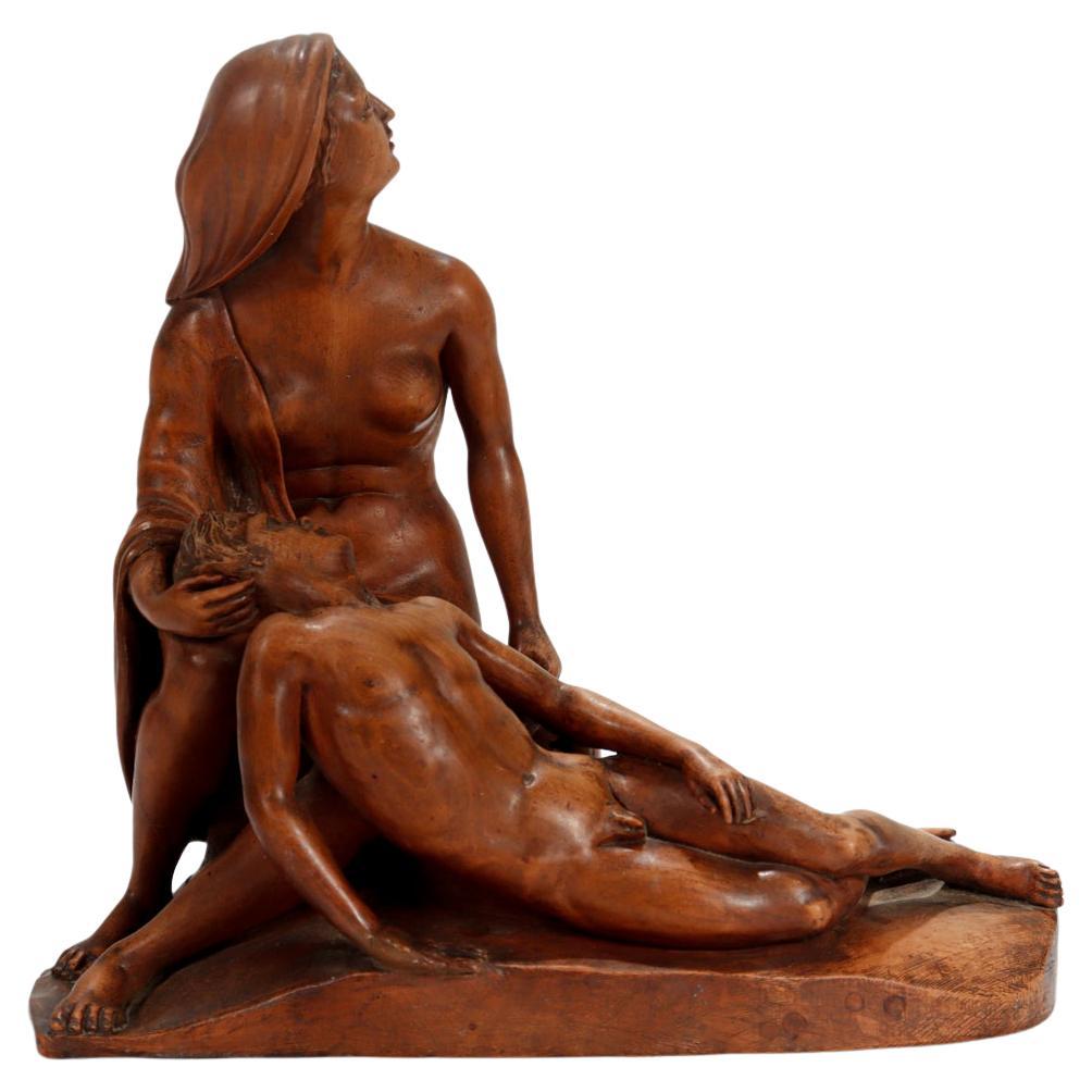 Antike geschnitzte Pieta-Skulptur aus Holz im Renaissance-Stil mit Maria und Christus