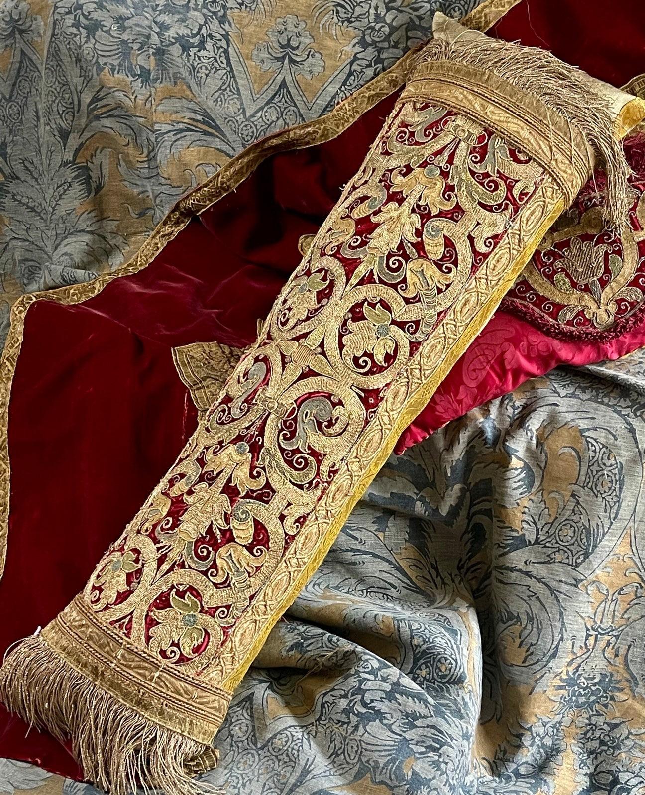 Beautiful Antique Bolster Pillow
Hand made Incorporating Renaissance Gold Silver Metal Embroidered Silk Velvet Panel    
Circa 1600 Spanish or Italian     
Originally part of an opulent Altar Panel

Magenta silk velvet worked in coloured silks, gold